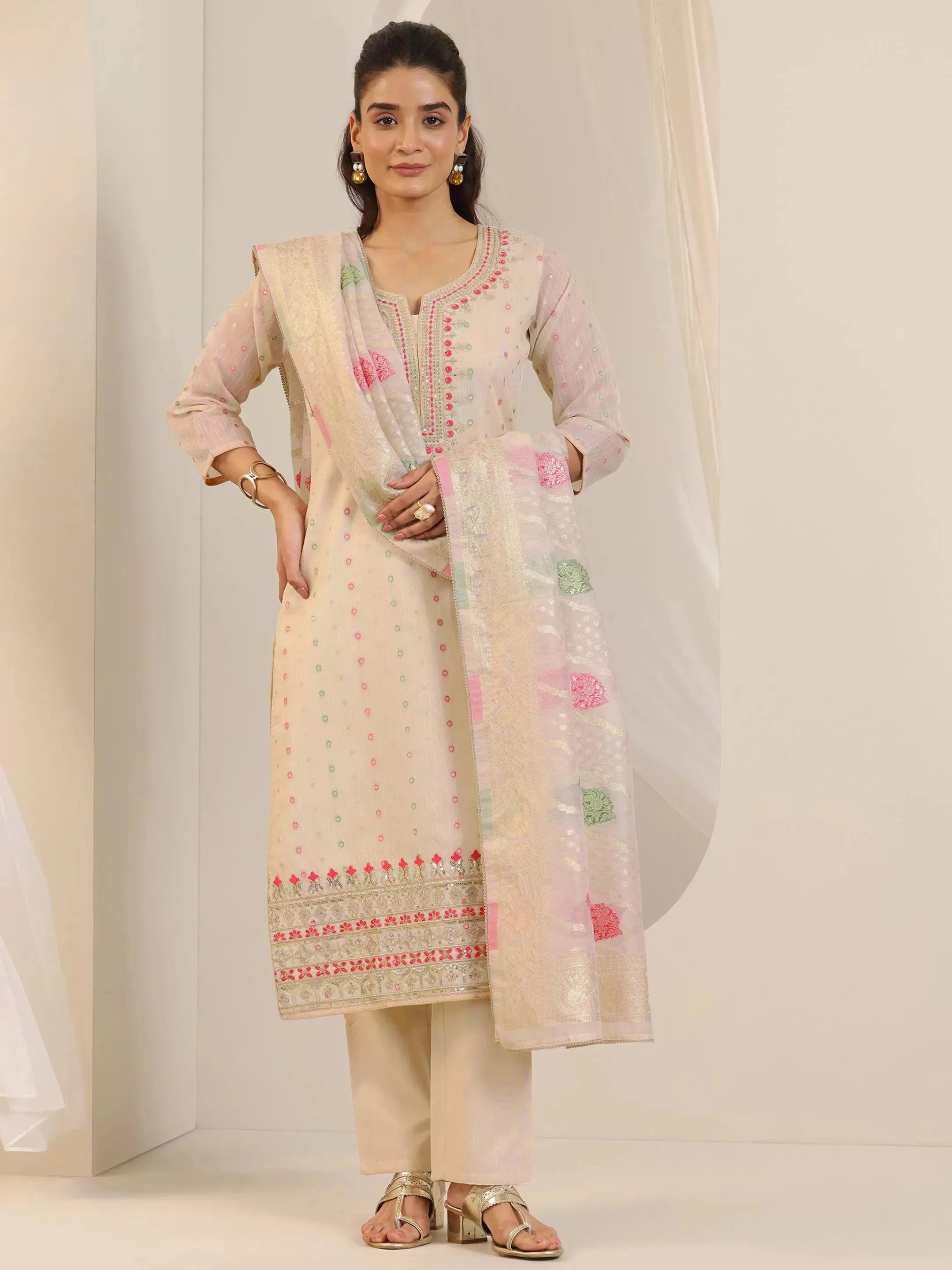 Off White Woven Design Chanderi Silk Straight Suit Set With Dupatta