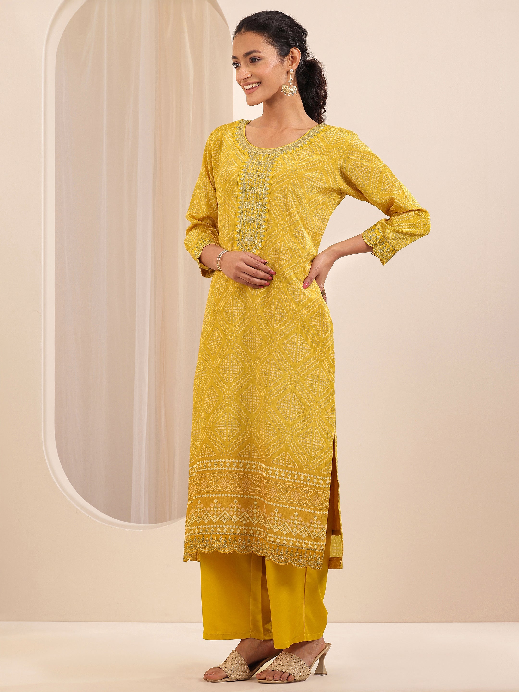 Mustard Printed Chinon Straight Suit Sets With Dupatta