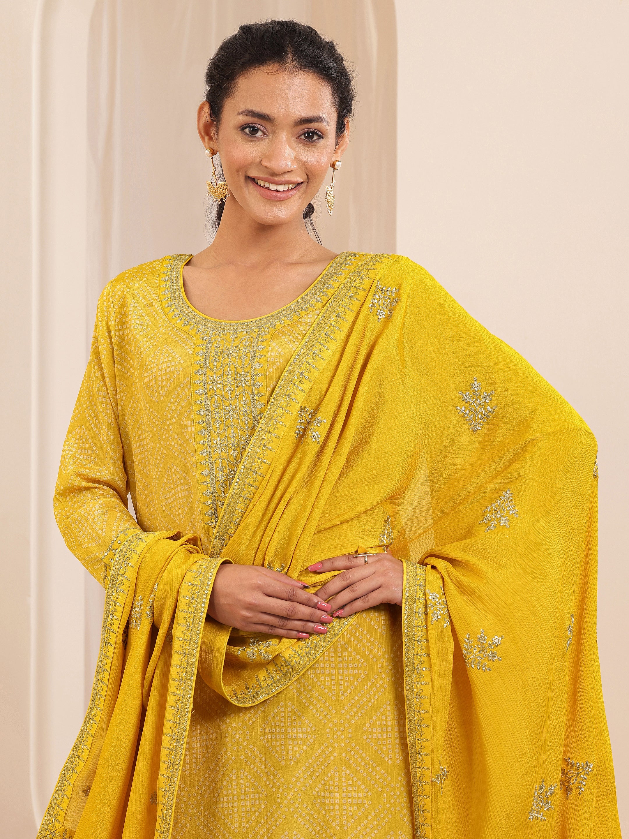 Mustard Printed Chinon Straight Suit Sets With Dupatta