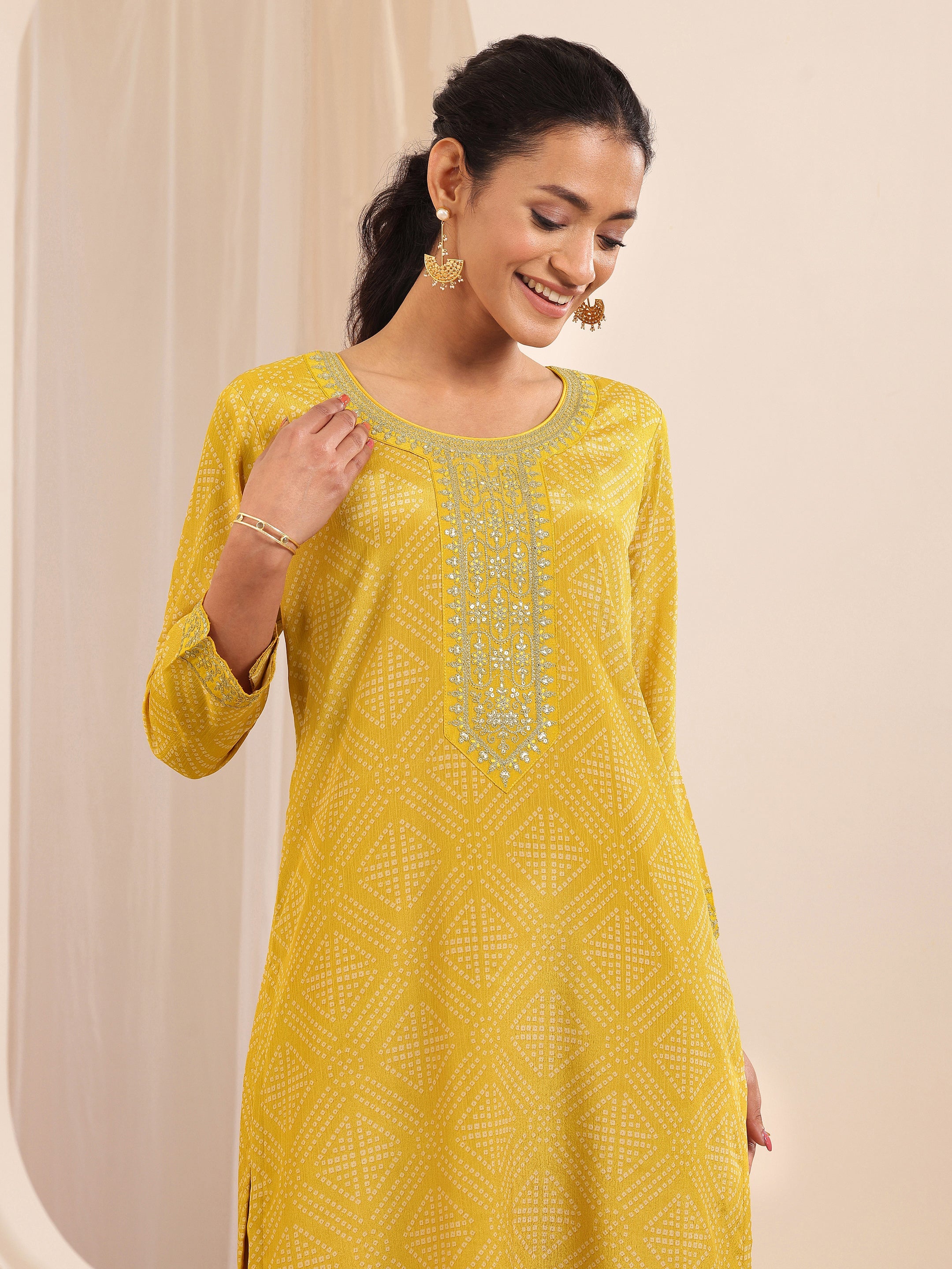 Mustard Printed Chinon Straight Suit Sets With Dupatta