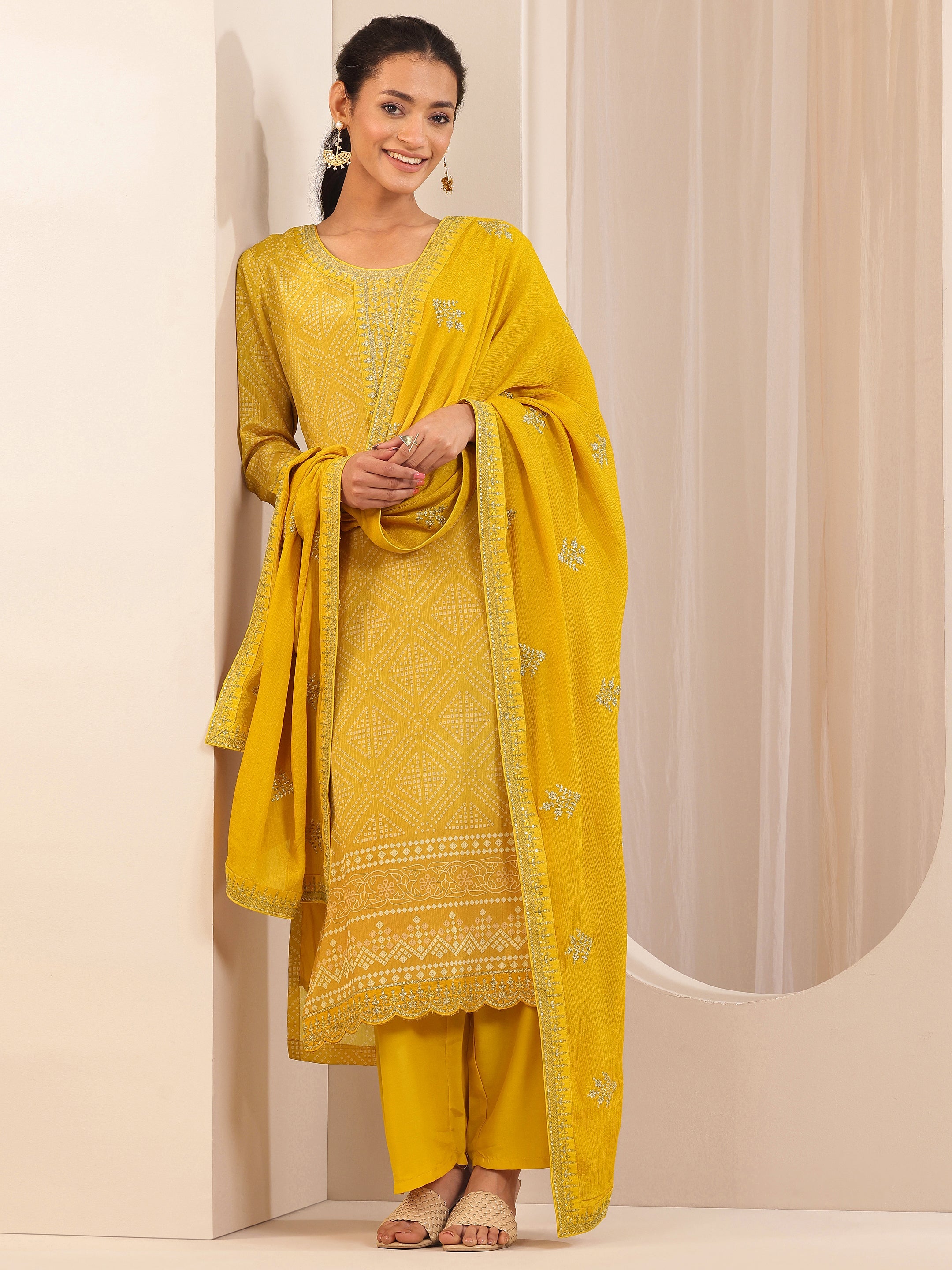 Mustard Printed Chinon Straight Suit Sets With Dupatta