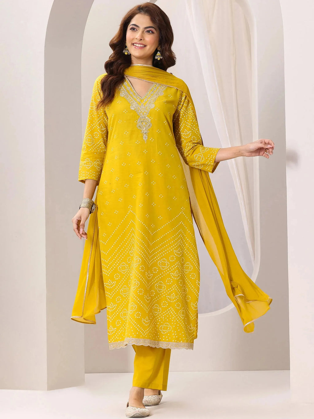 Mustard Printed Cotton Straight Suit Set With Dupatta