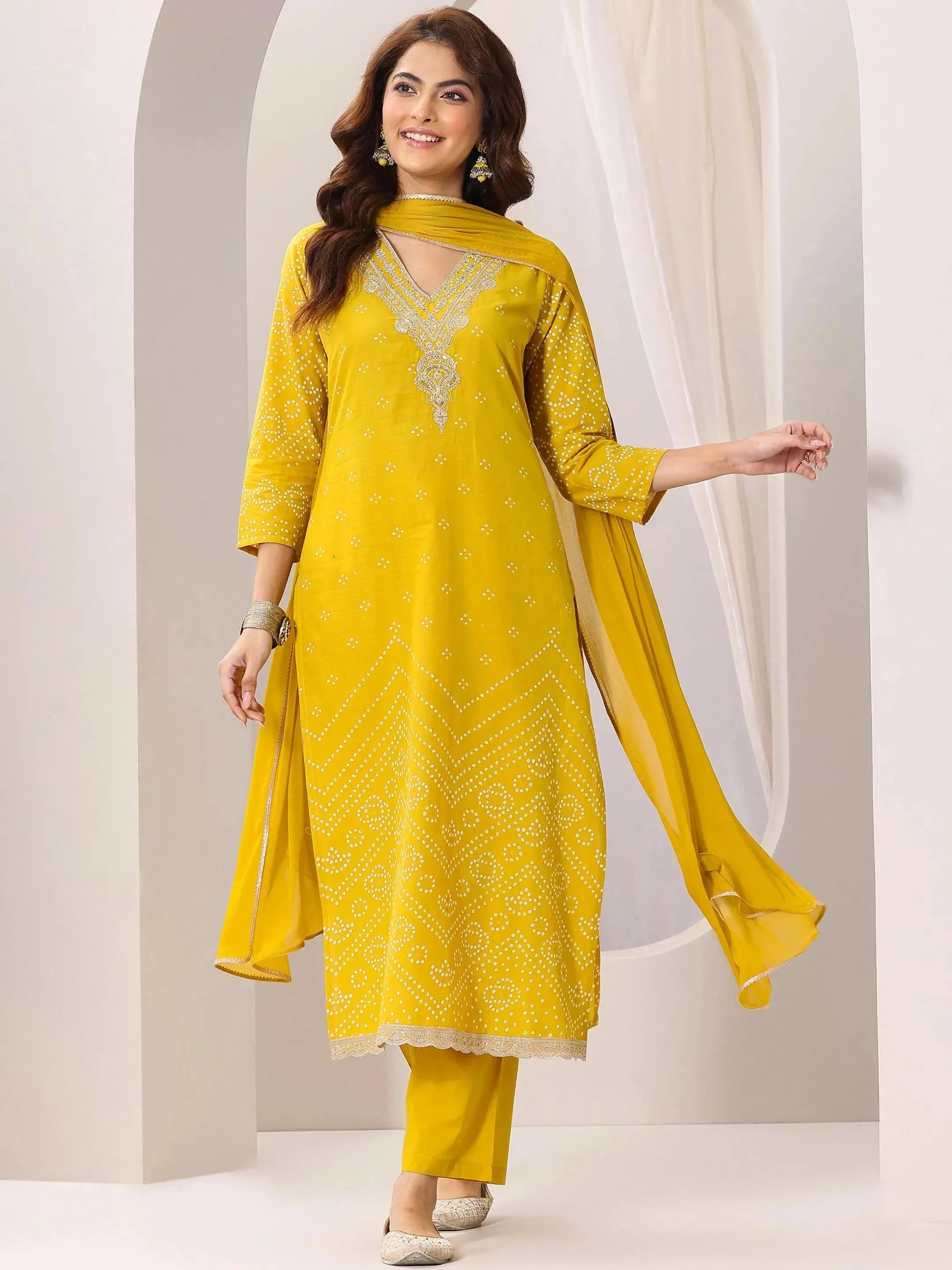 Mustard Printed Cotton Straight Suit Set With Dupatta