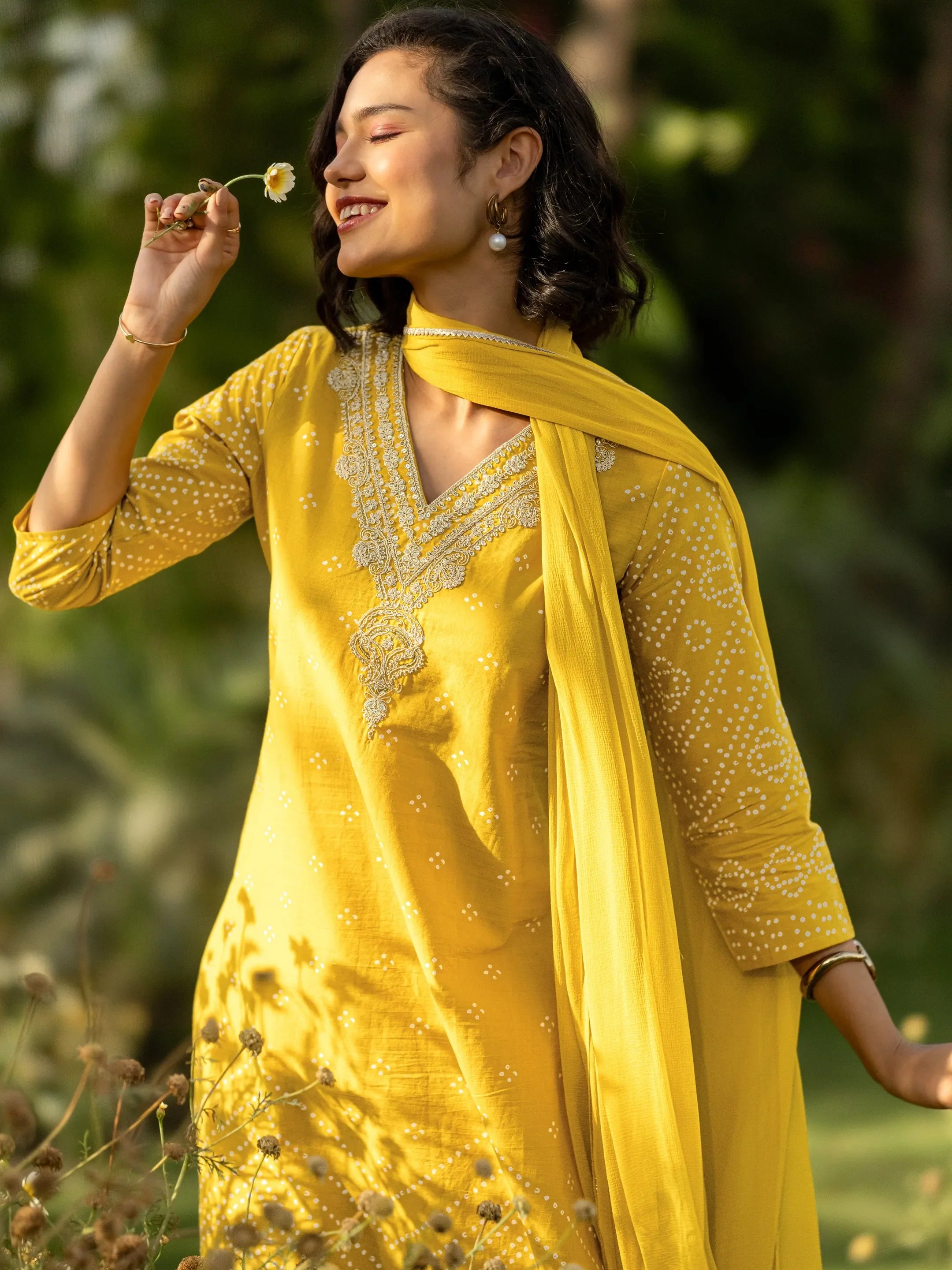 Mustard Printed Cotton Straight Suit Set With Dupatta