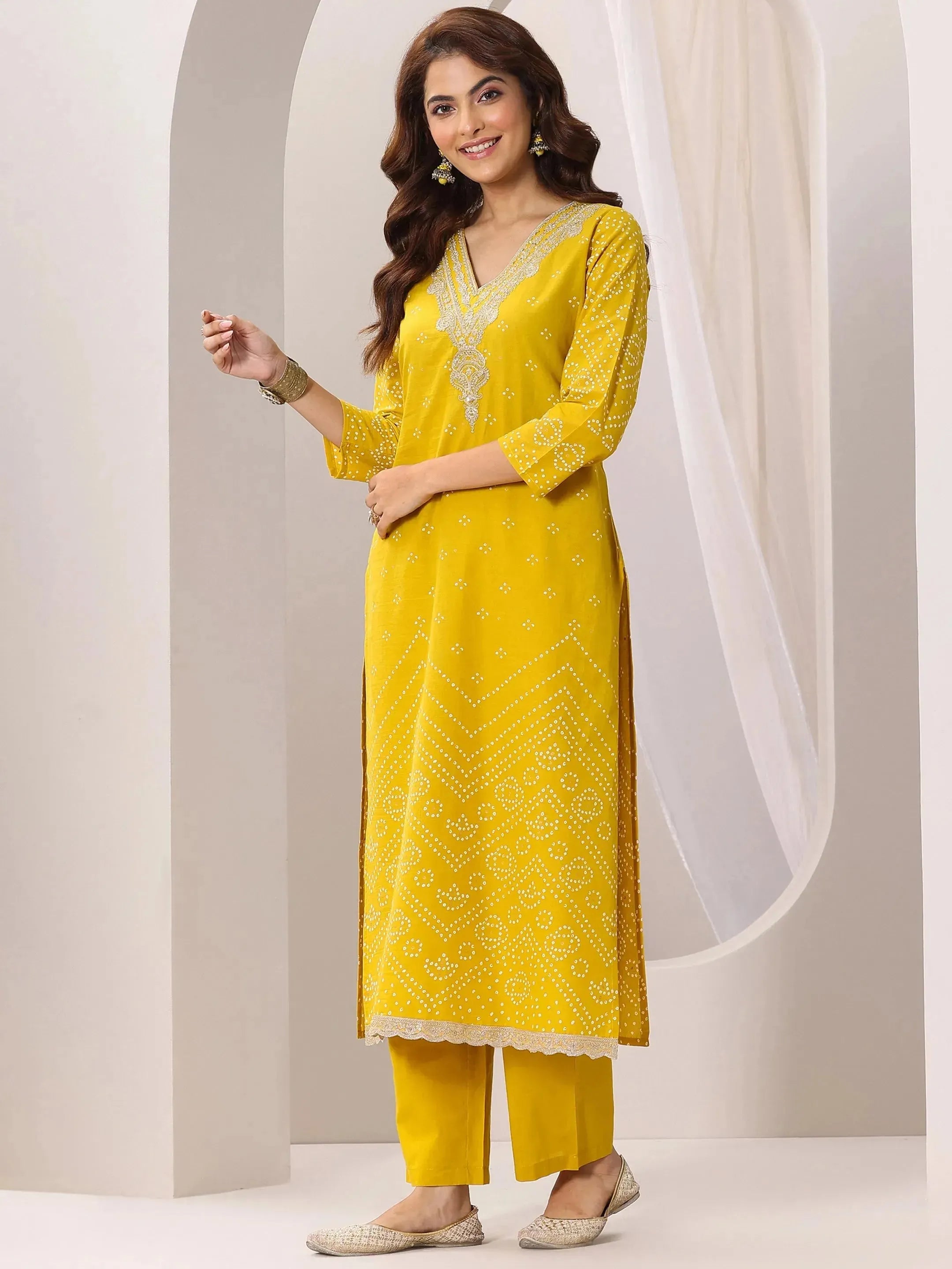 Mustard Printed Cotton Straight Suit Set With Dupatta