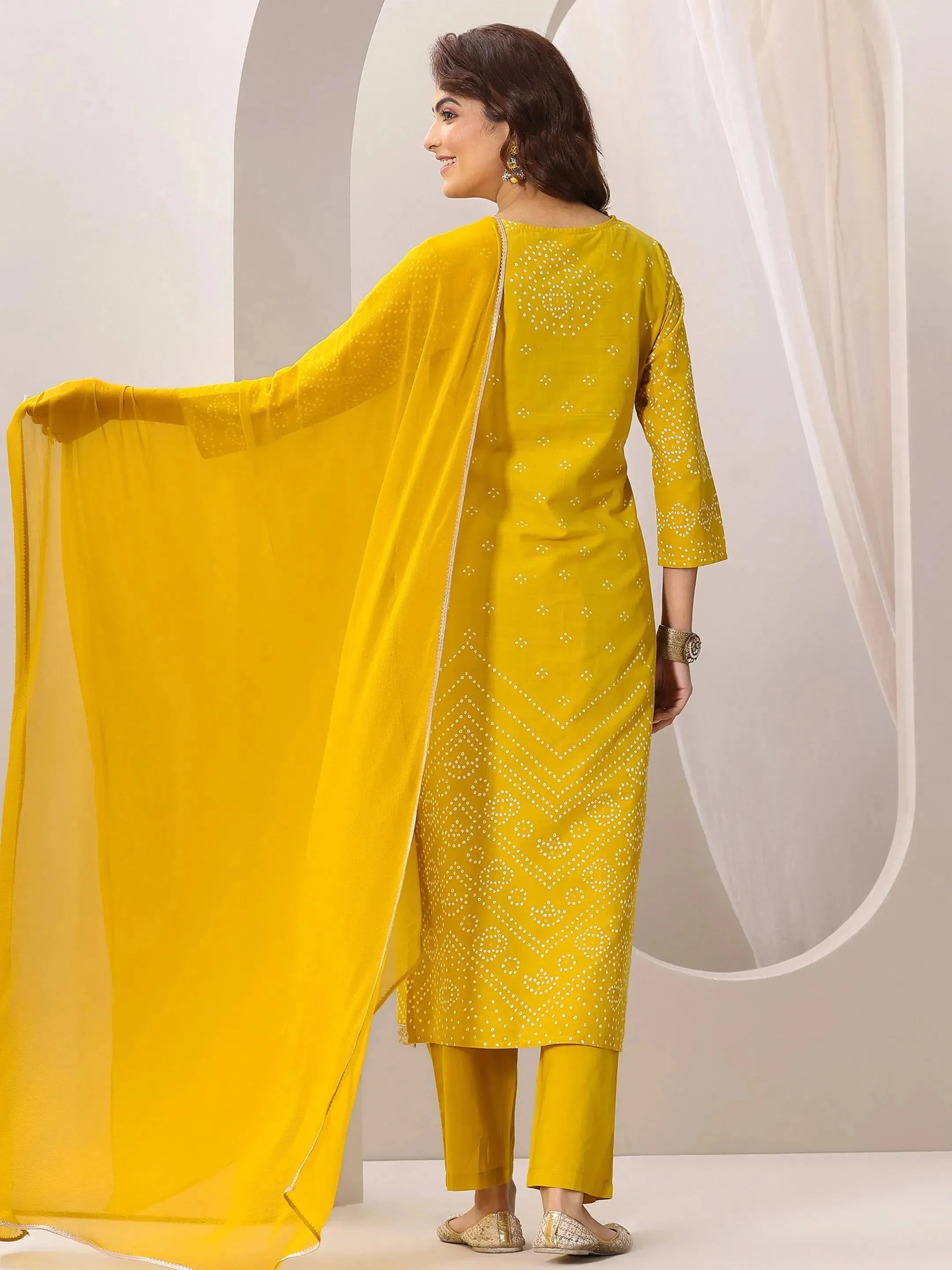 Mustard Printed Cotton Straight Suit Set With Dupatta
