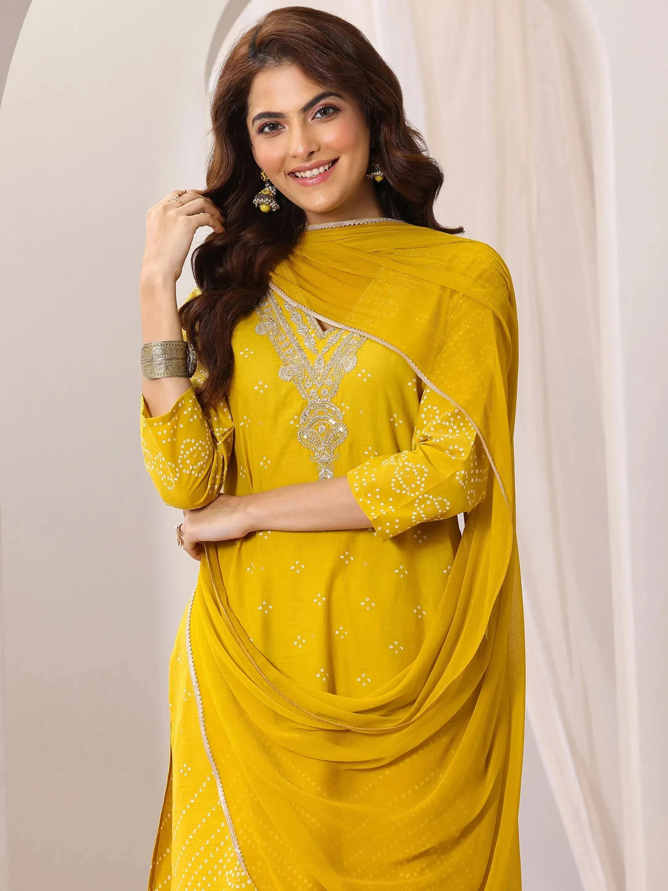 Mustard Printed Cotton Straight Suit Set With Dupatta