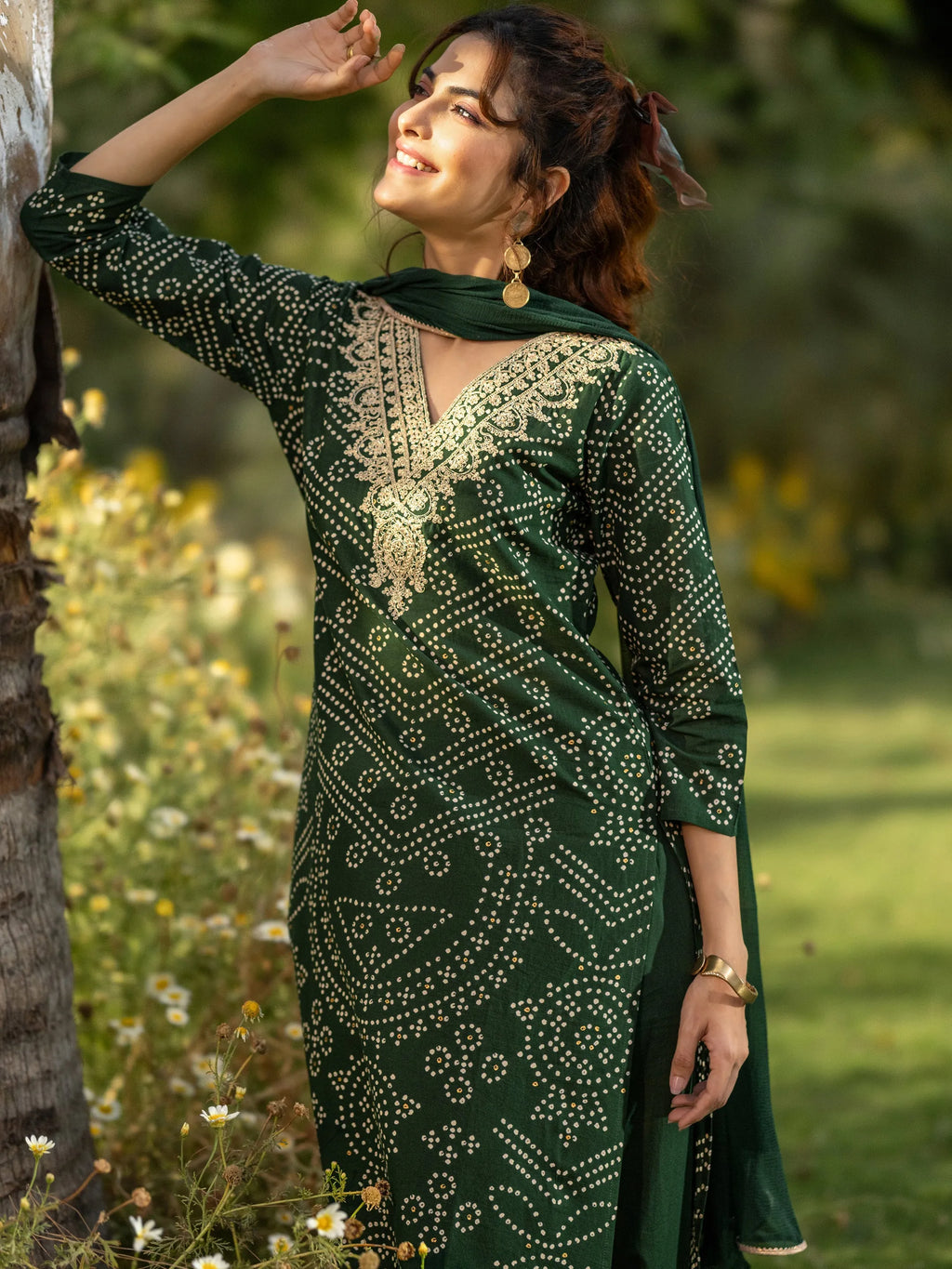 Green Printed Cotton Straight Suit Set With Dupatta