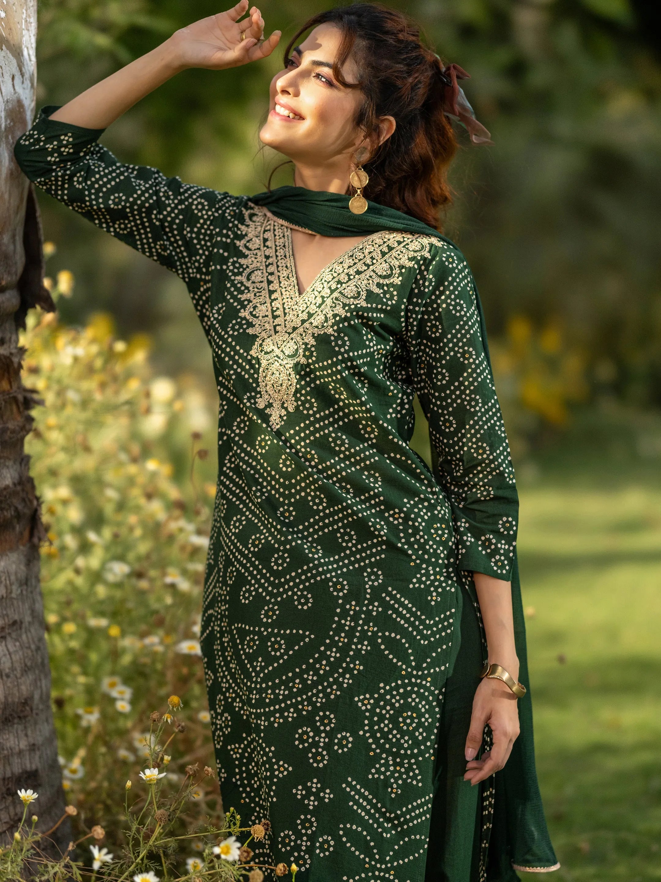 Green Printed Cotton Straight Suit Set With Dupatta