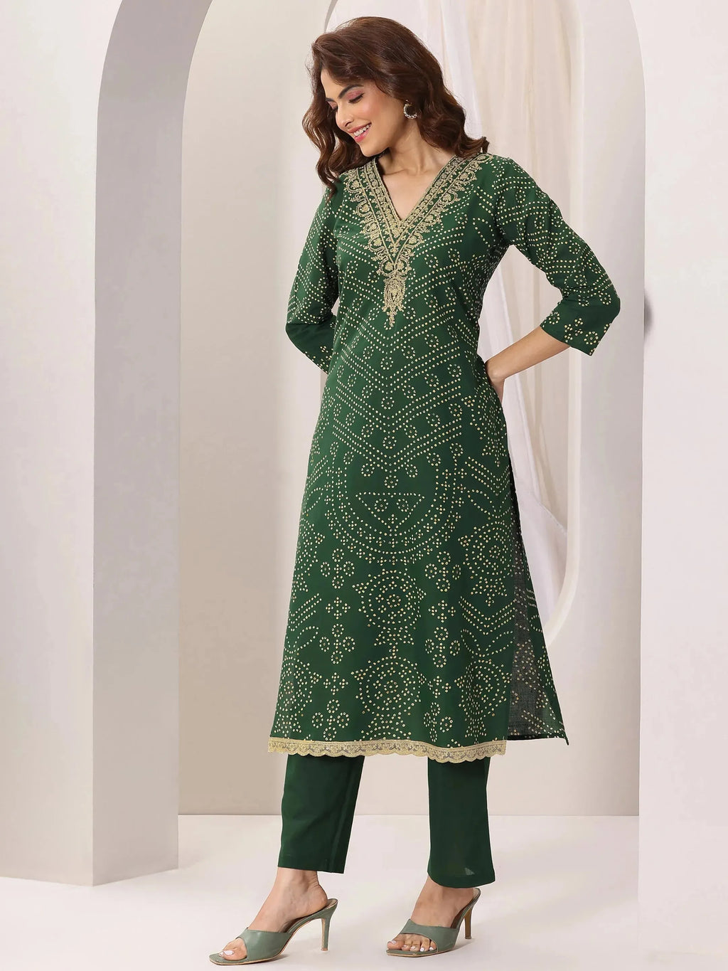 Green Printed Cotton Straight Suit Set With Dupatta