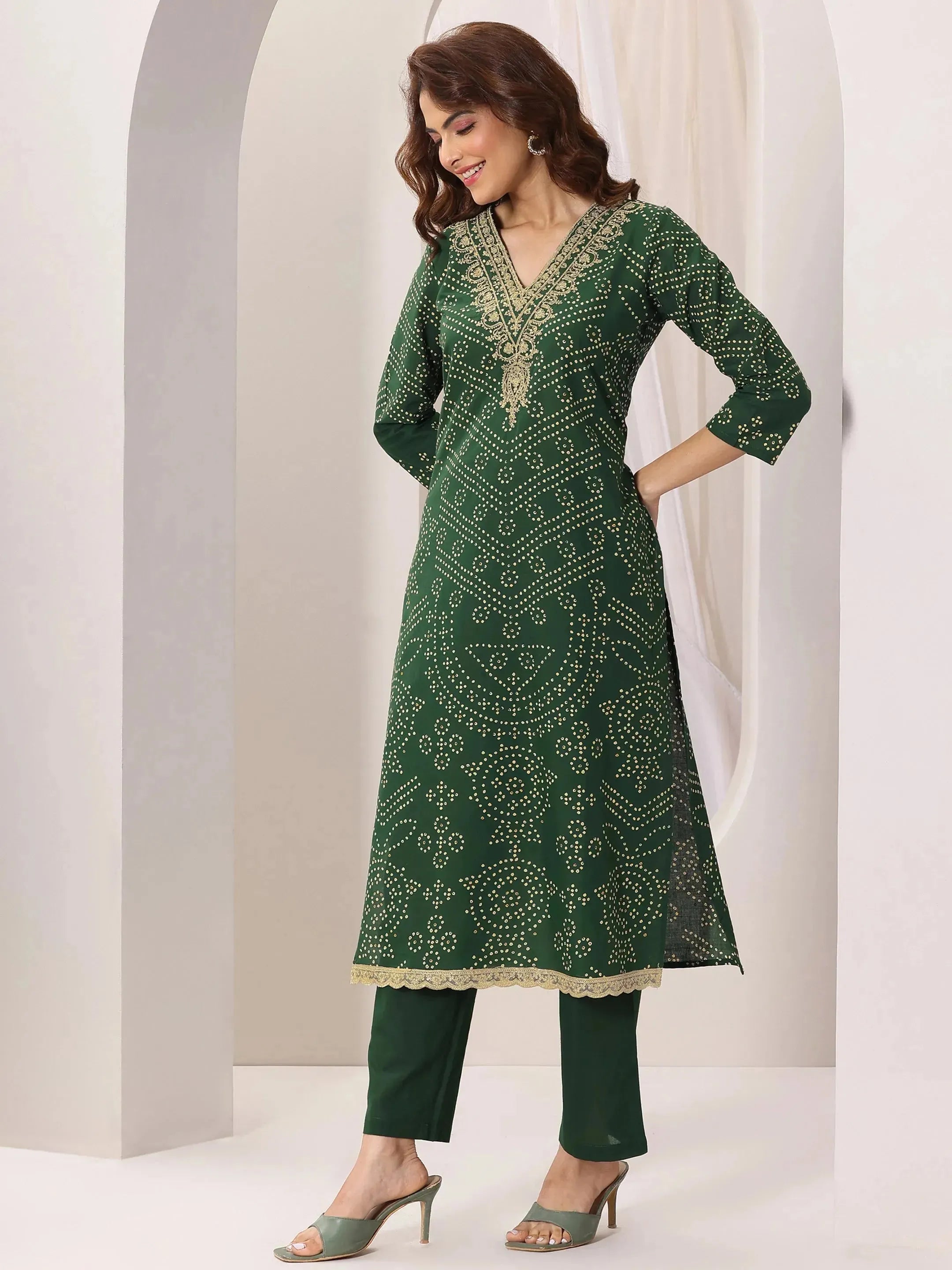 Green Printed Cotton Straight Suit Set With Dupatta