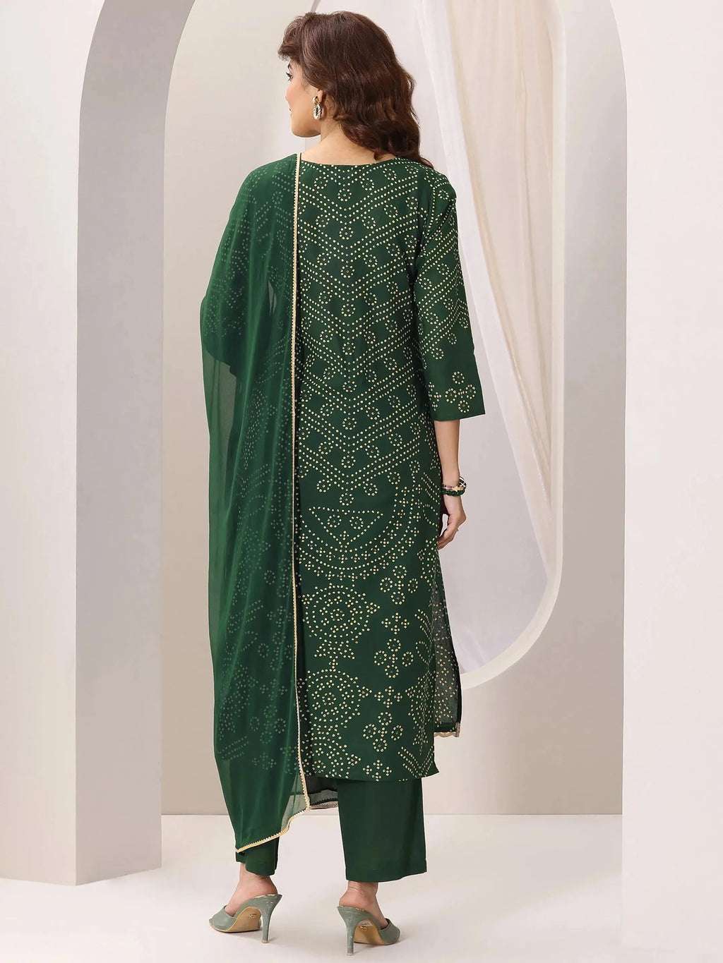 Green Printed Cotton Straight Suit Set With Dupatta