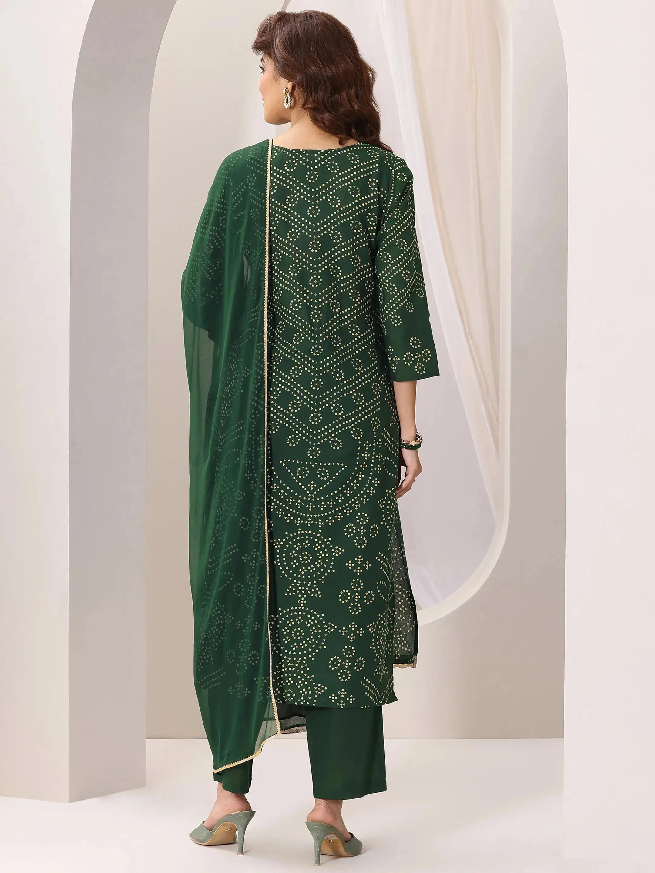 Green Printed Cotton Straight Suit Set With Dupatta
