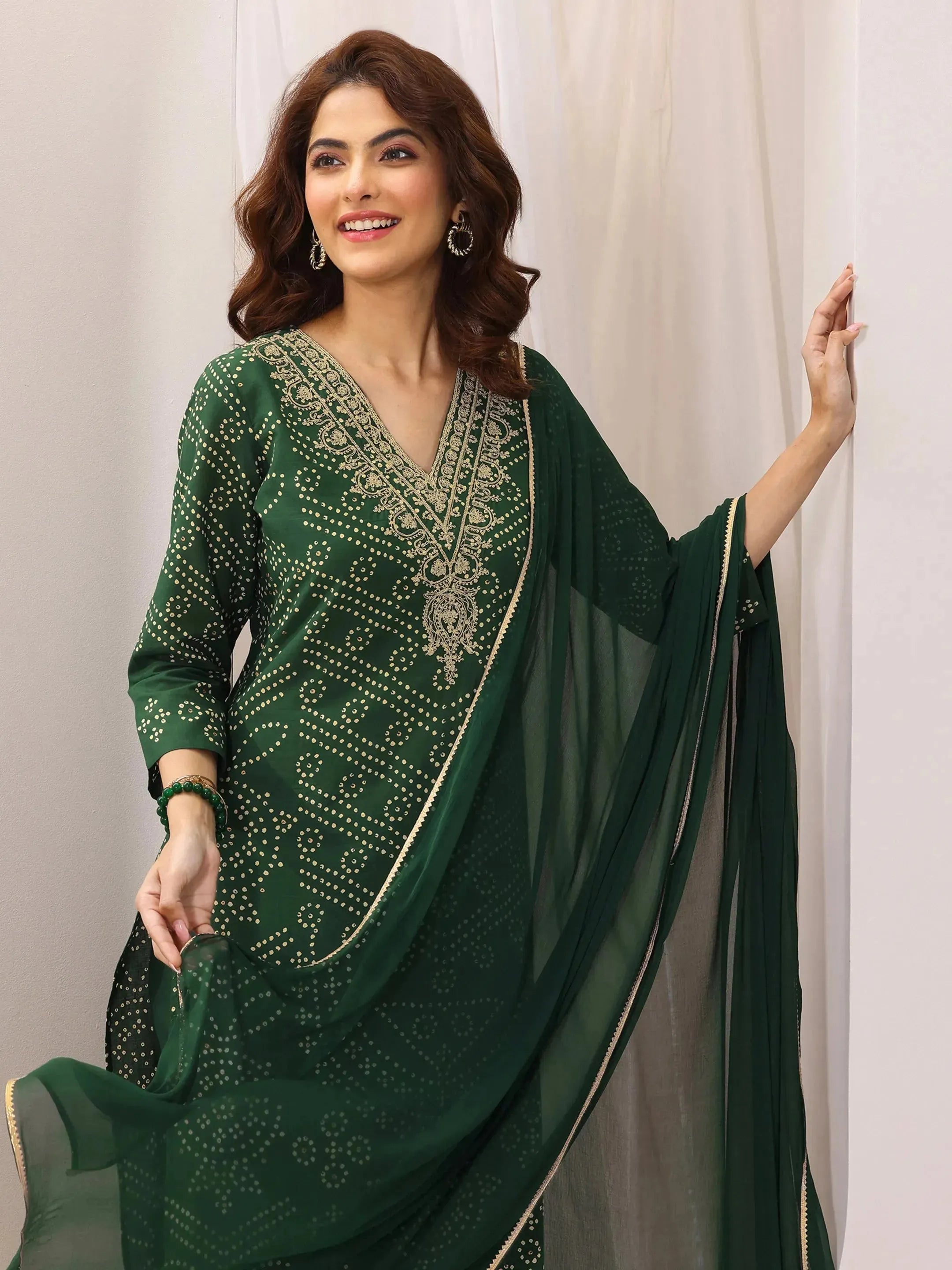 Green Printed Cotton Straight Suit Set With Dupatta