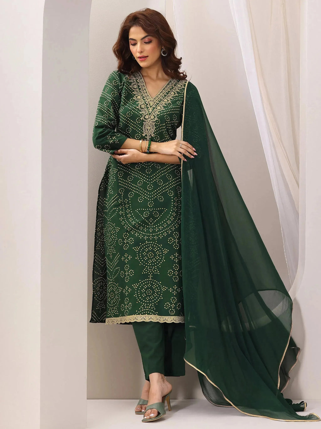 Green Printed Cotton Straight Suit Set With Dupatta