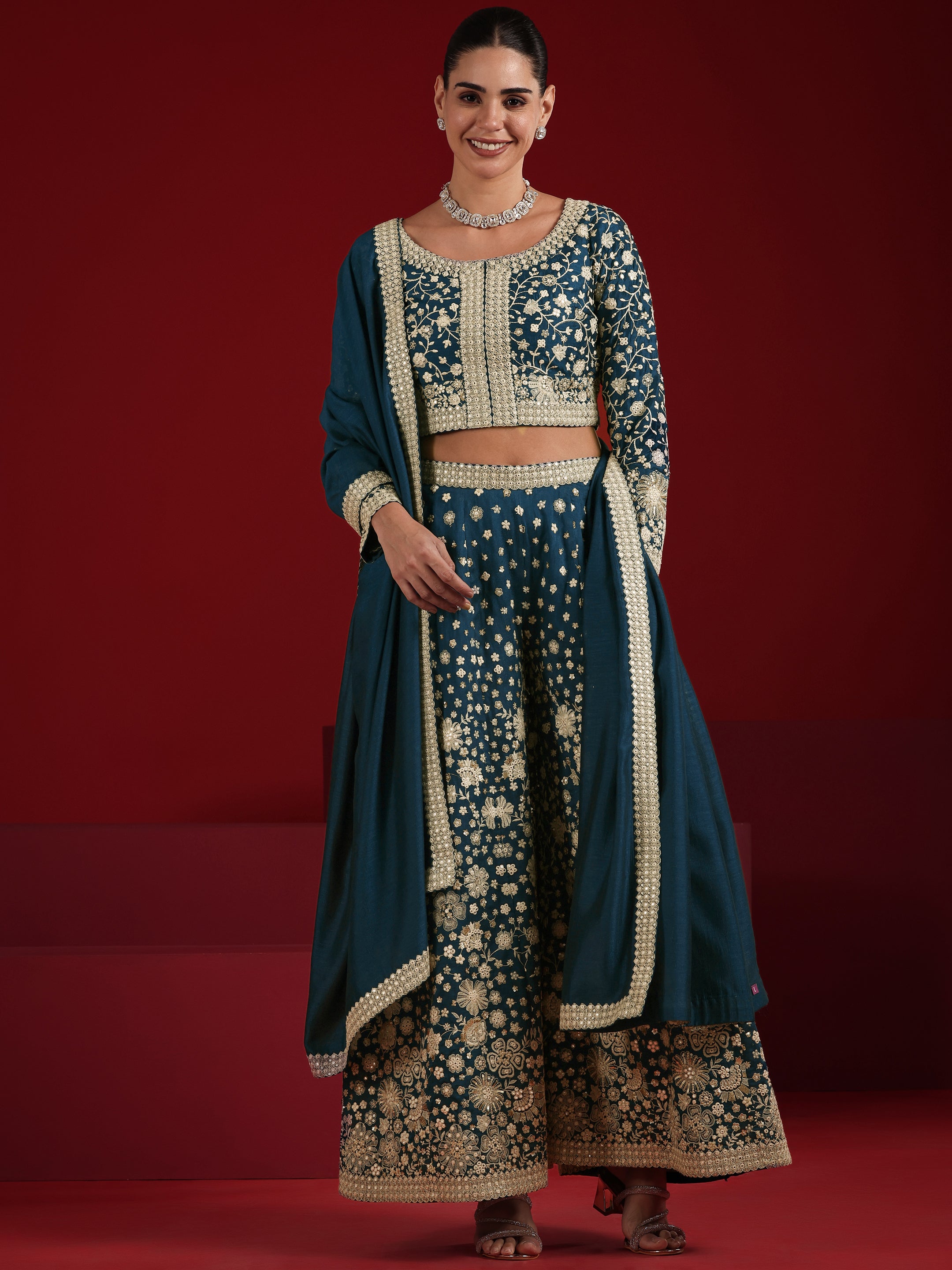 Libas Art Teal Embroidered Silk Blend 3 Piece Co-Ord Sets With Dupatta