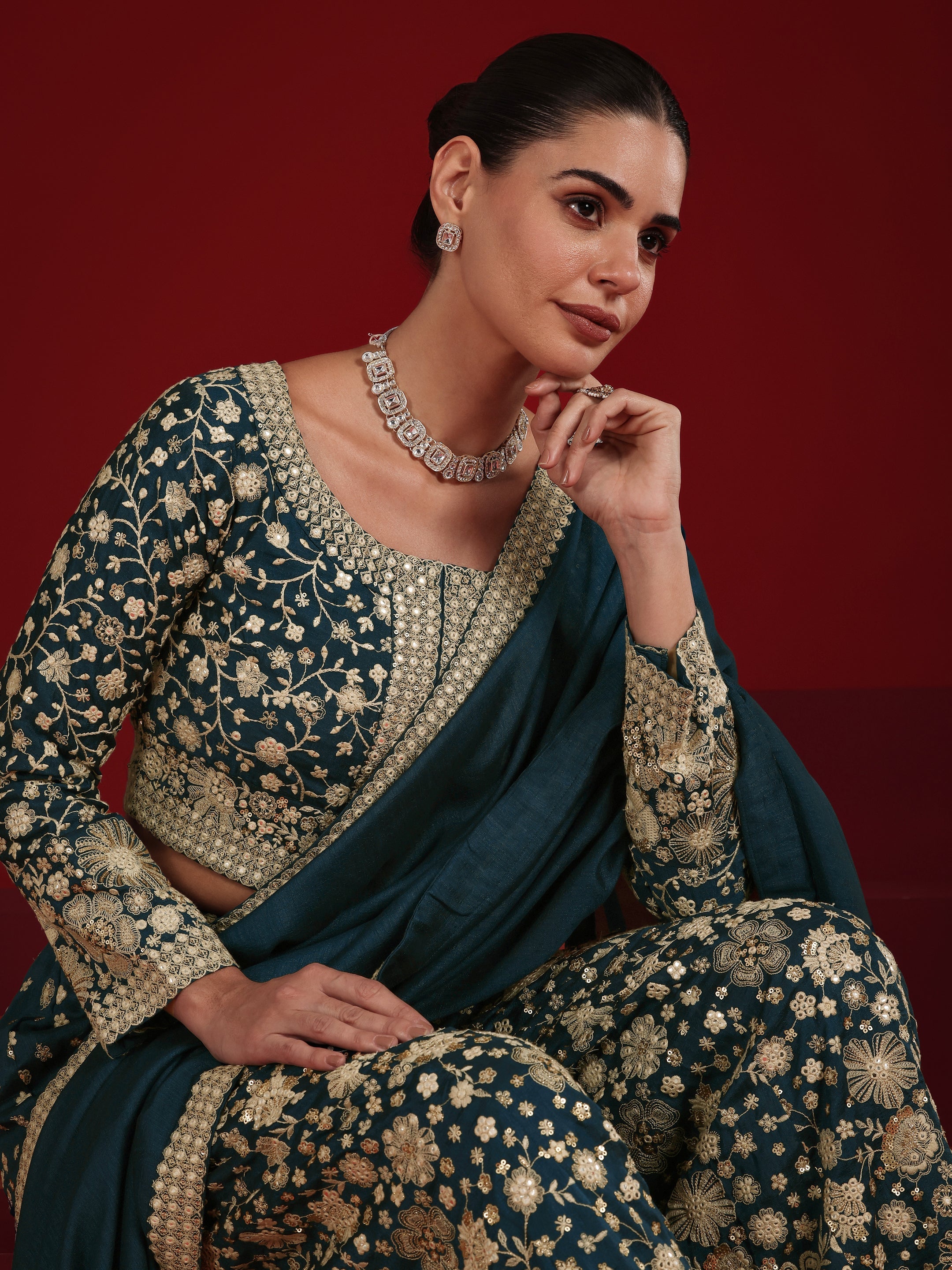 Libas Art Teal Embroidered Silk Blend 3 Piece Co-Ord Sets With Dupatta