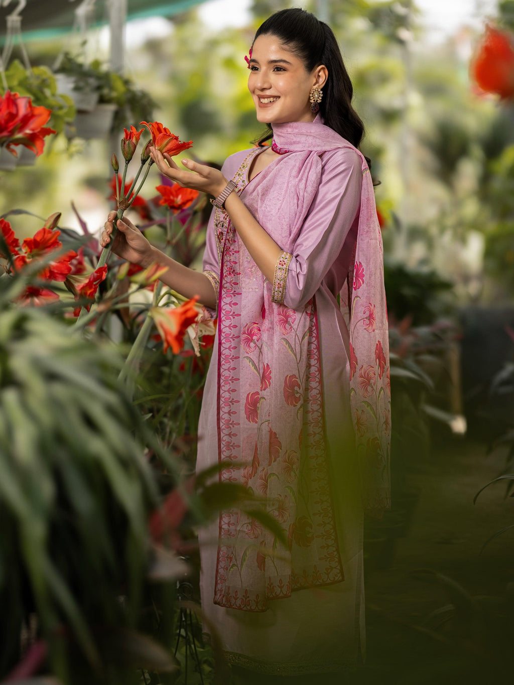 Lavender Yoke Design Silk Blend Straight Suit Set With Dupatta