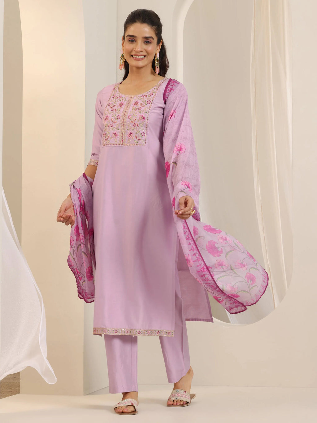 Lavender Yoke Design Silk Blend Straight Suit Set With Dupatta