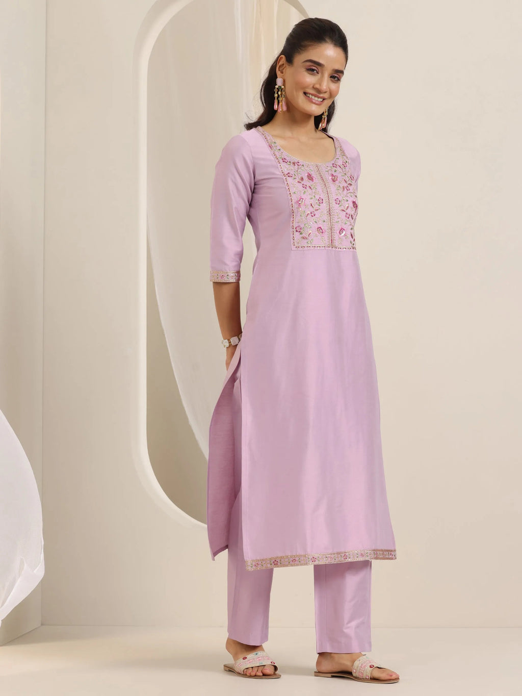 Lavender Yoke Design Silk Blend Straight Suit Set With Dupatta