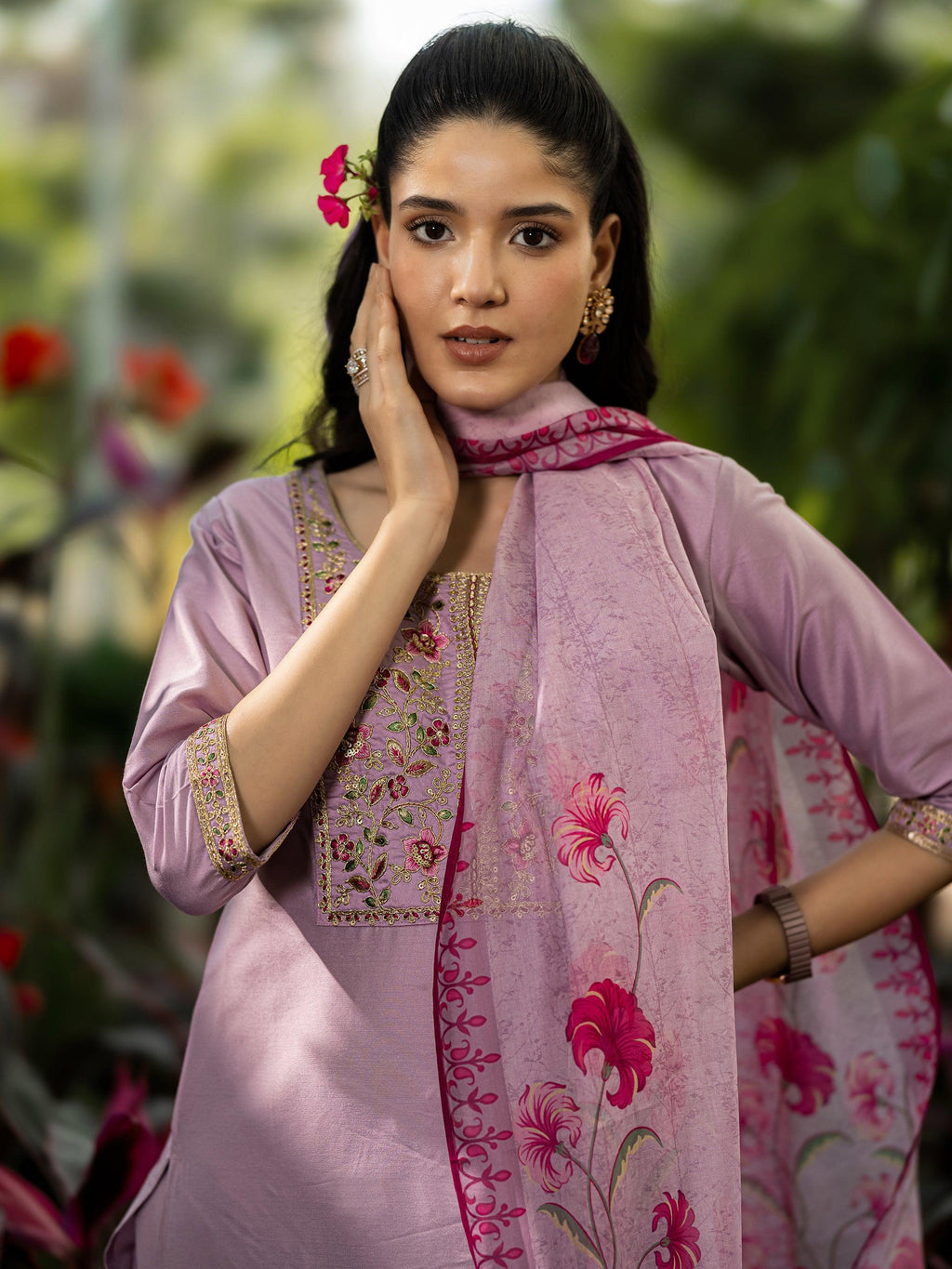 Lavender Yoke Design Silk Blend Straight Suit Set With Dupatta