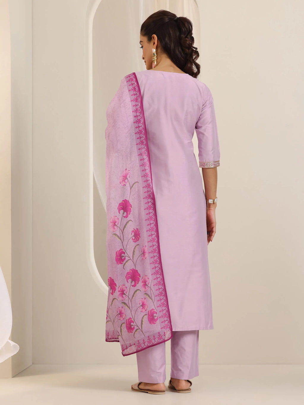 Lavender Yoke Design Silk Blend Straight Suit Set With Dupatta
