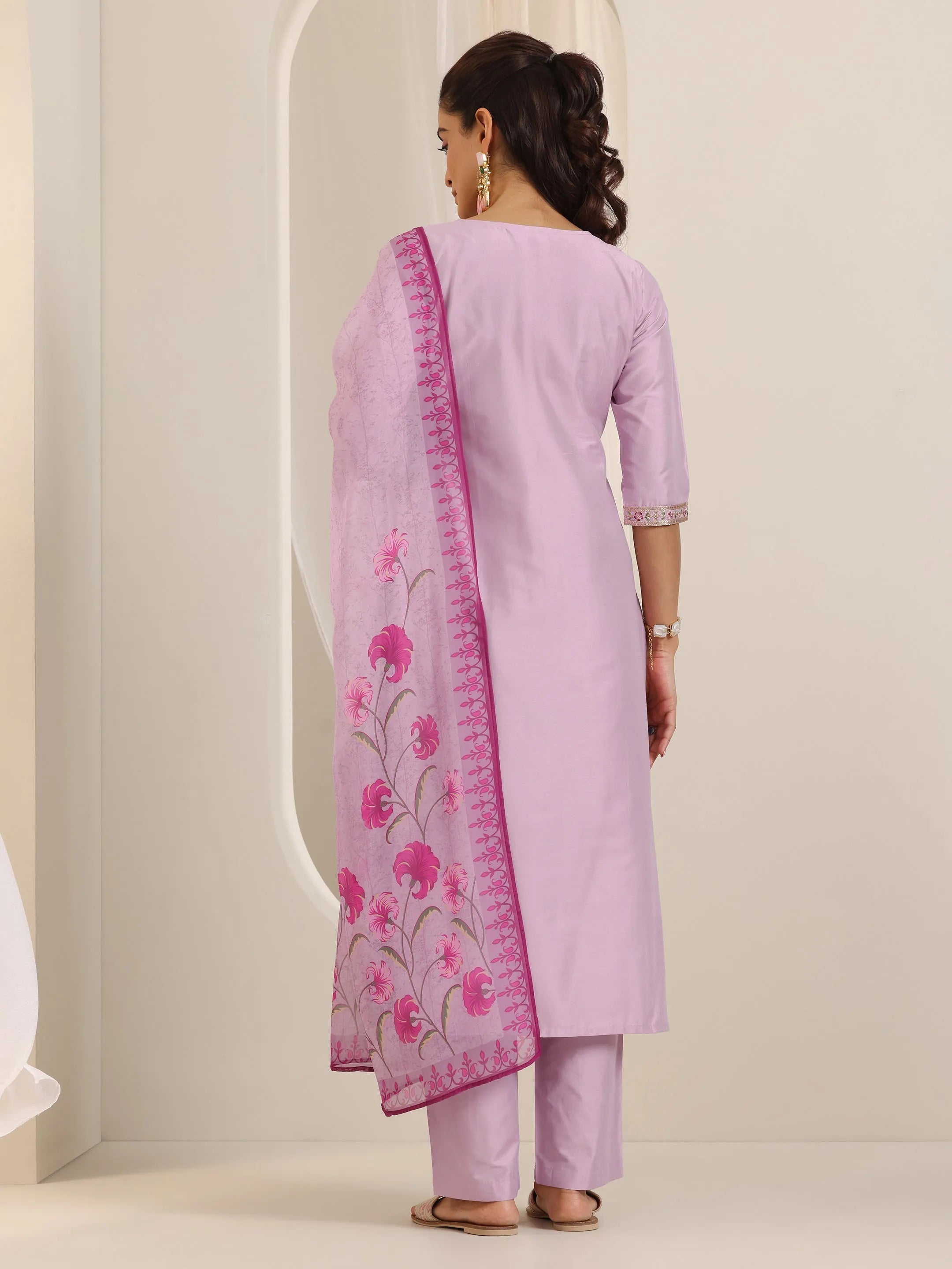 Lavender Yoke Design Silk Blend Straight Suit Set With Dupatta