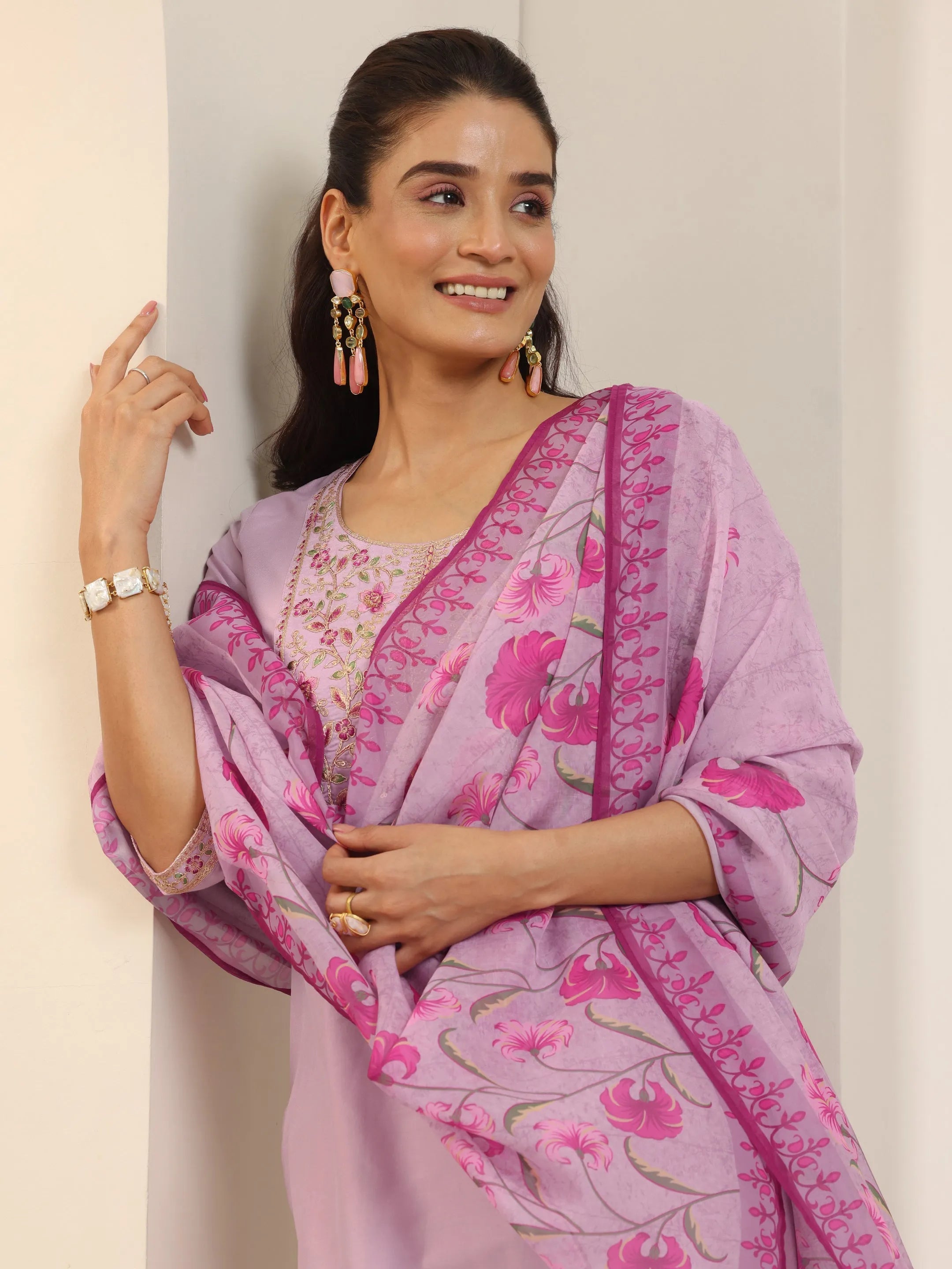 Lavender Yoke Design Silk Blend Straight Suit Set With Dupatta