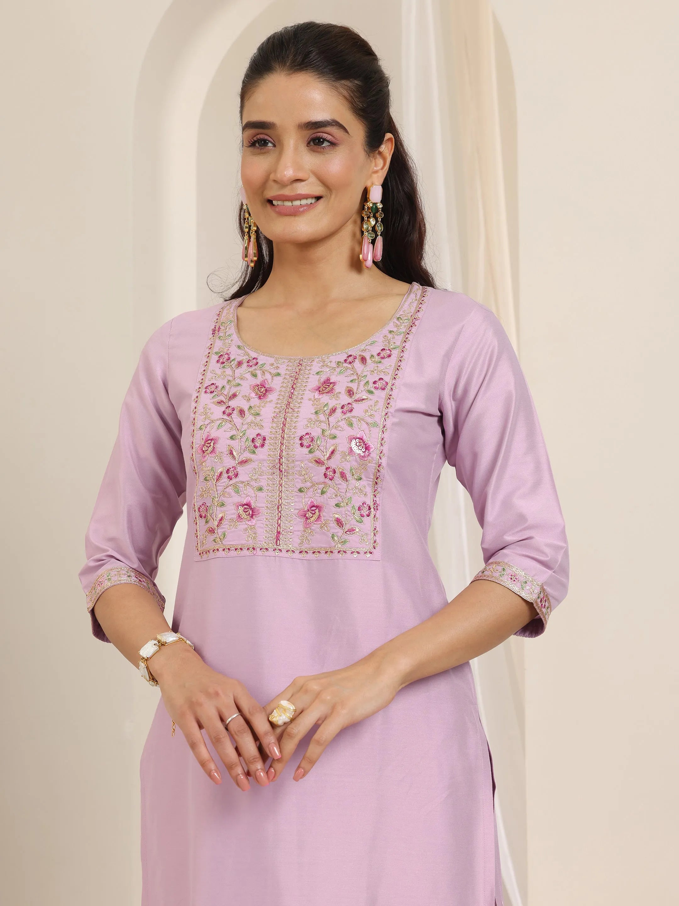 Lavender Yoke Design Silk Blend Straight Suit Set With Dupatta