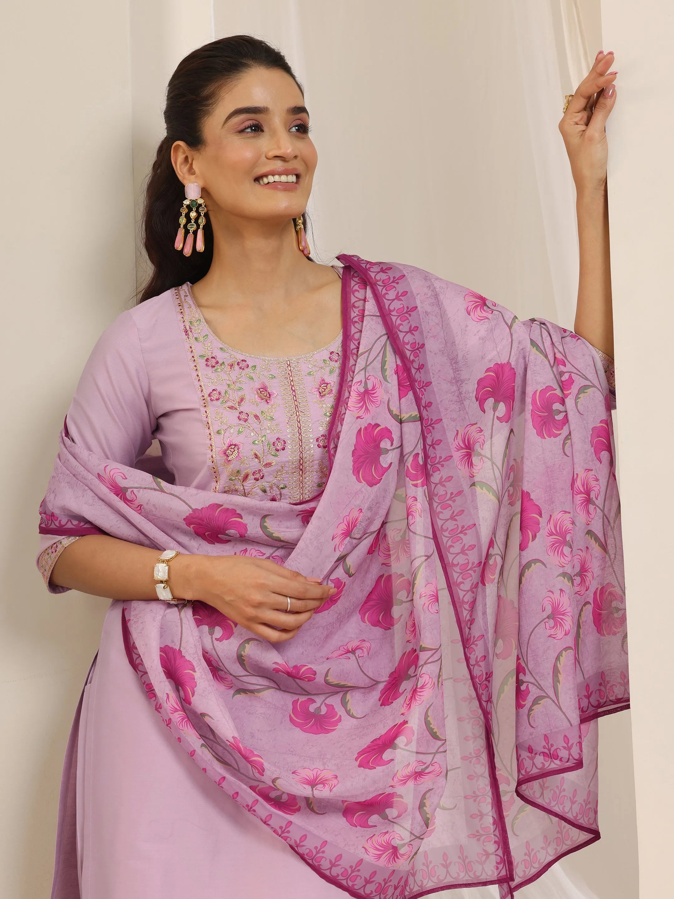 Lavender Yoke Design Silk Blend Straight Suit Set With Dupatta