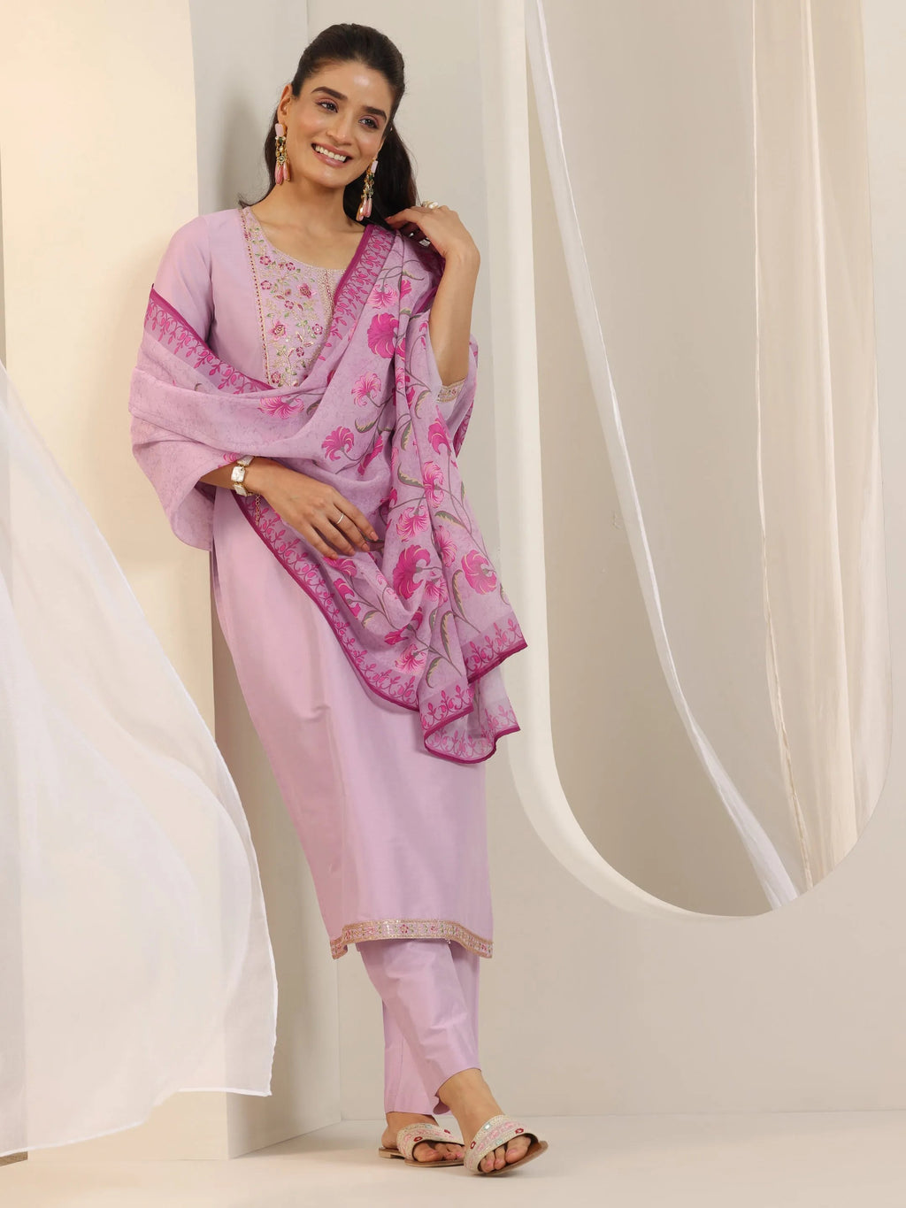 Lavender Yoke Design Silk Blend Straight Suit Set With Dupatta
