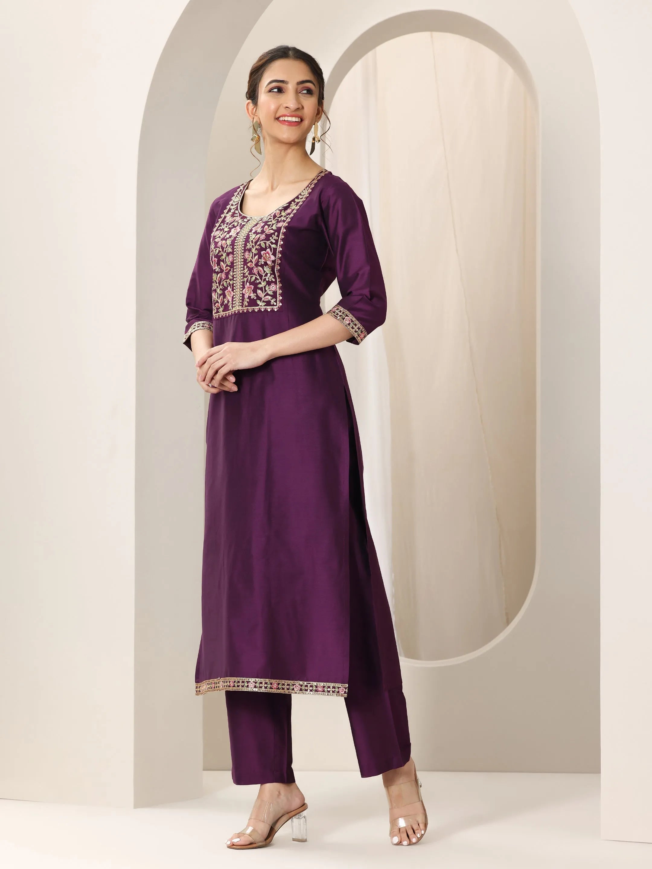 Burgundy Yoke Design Silk Blend Straight Suit Set With Dupatta