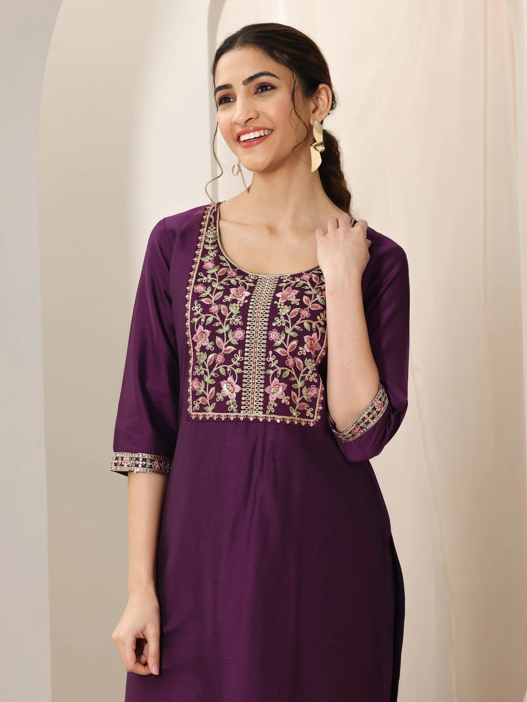 Burgundy Yoke Design Silk Blend Straight Suit Set With Dupatta