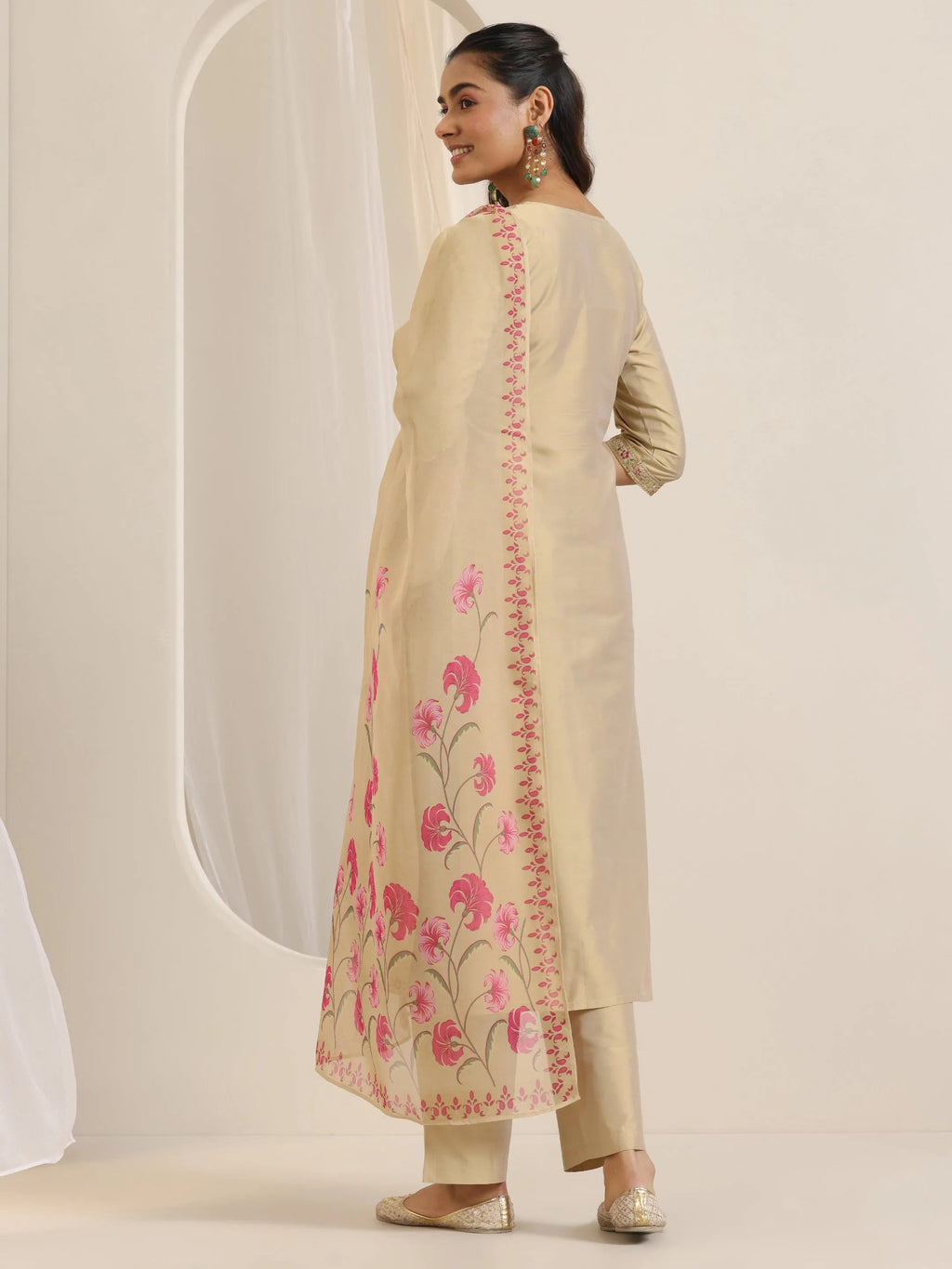 Gold Yoke Design Silk Blend Straight Suit Set With Dupatta