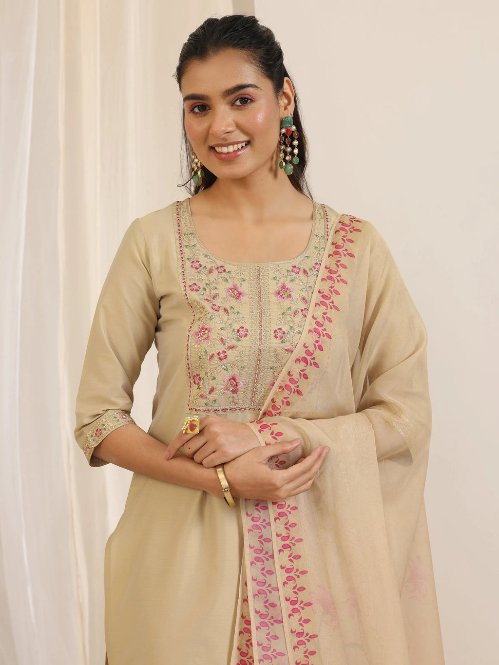 Gold Yoke Design Silk Blend Straight Suit Set With Dupatta