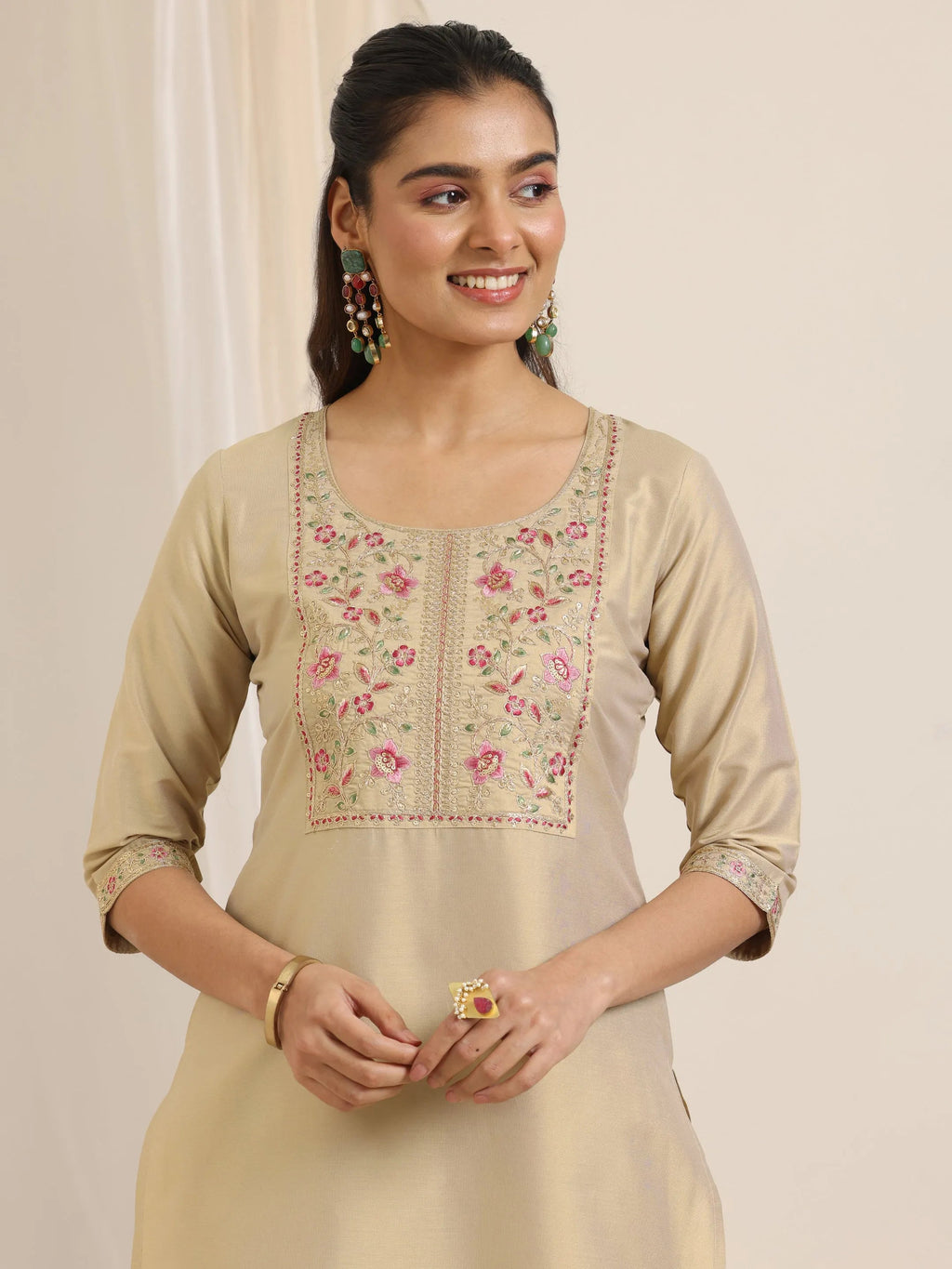 Gold Yoke Design Silk Blend Straight Suit Set With Dupatta