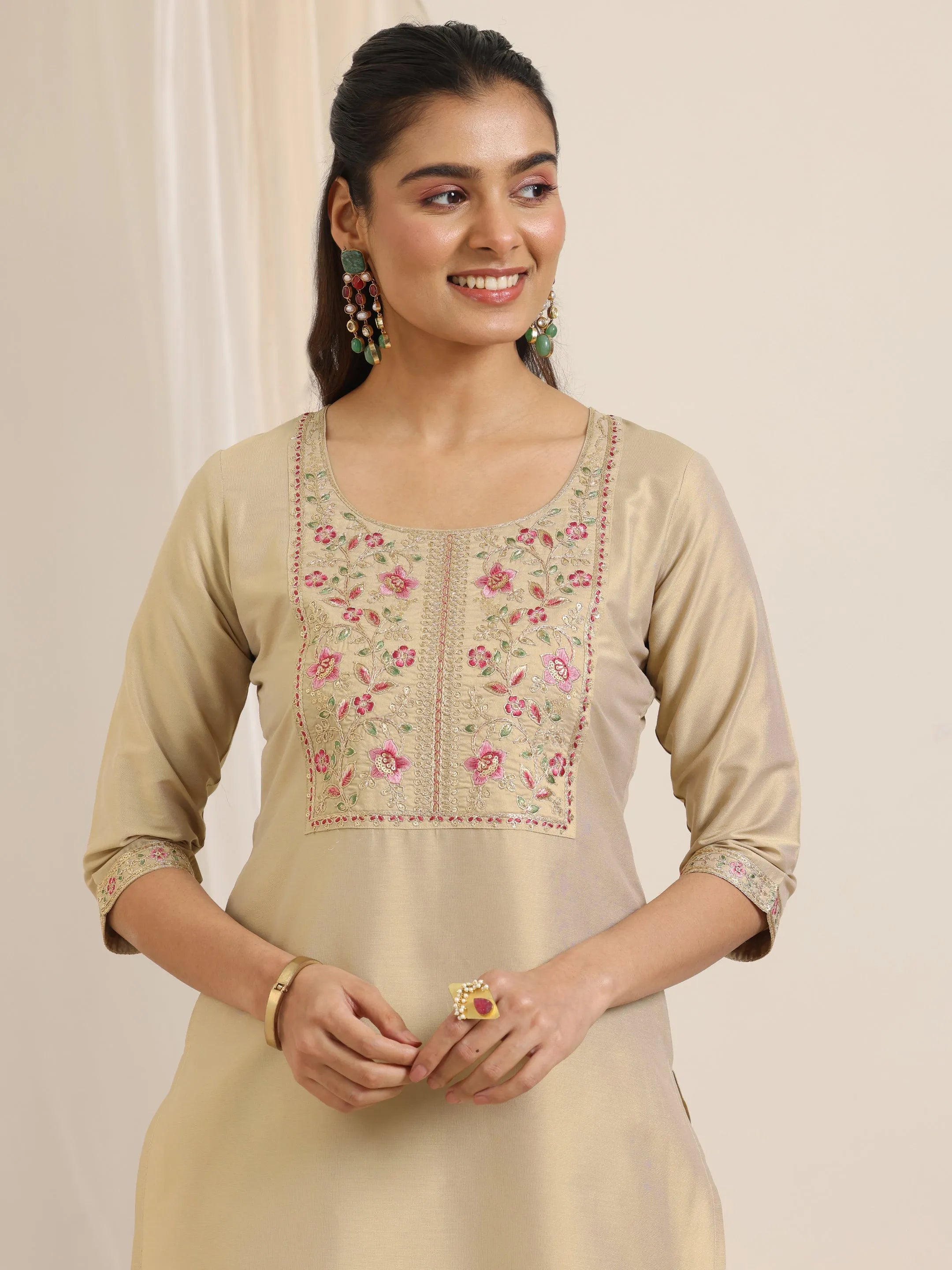 Gold Yoke Design Silk Blend Straight Suit Set With Dupatta