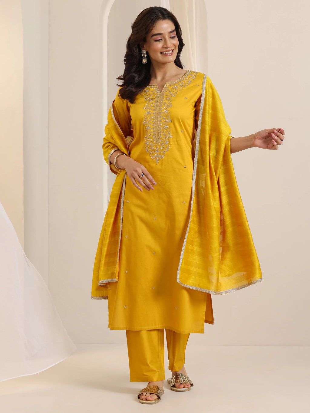 Mustard Embroidered Silk Blend Straight Suit Set With Dupatta
