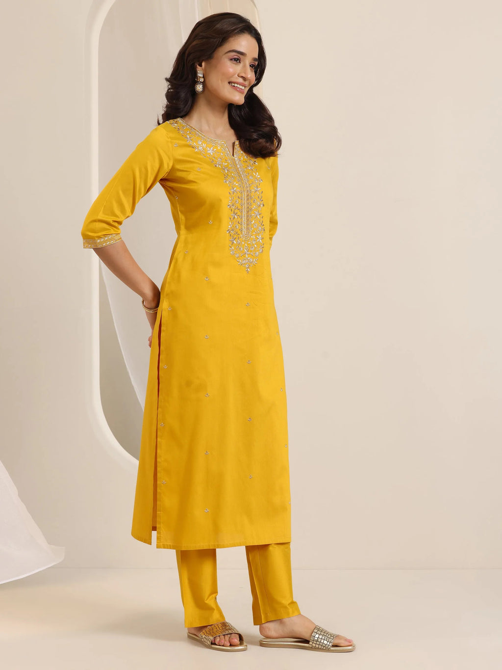 Mustard Embroidered Silk Blend Straight Suit Set With Dupatta
