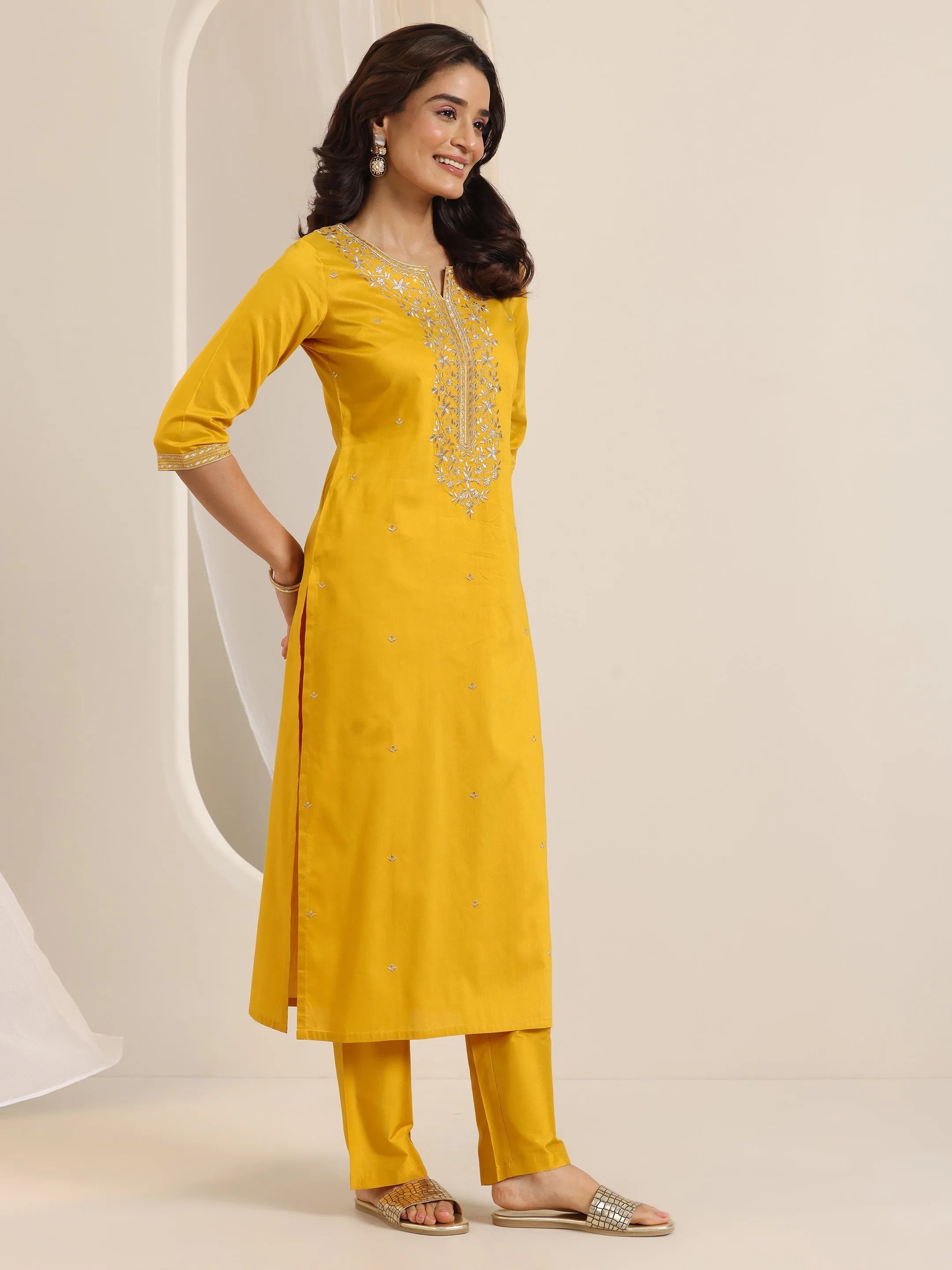 Mustard Embroidered Silk Blend Straight Suit Set With Dupatta