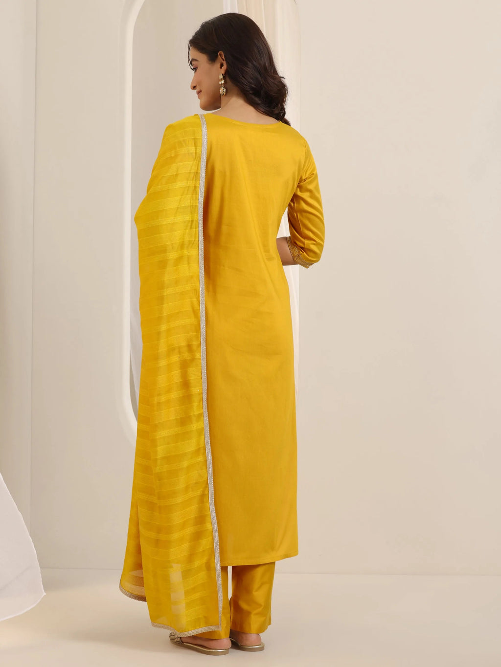 Mustard Embroidered Silk Blend Straight Suit Set With Dupatta