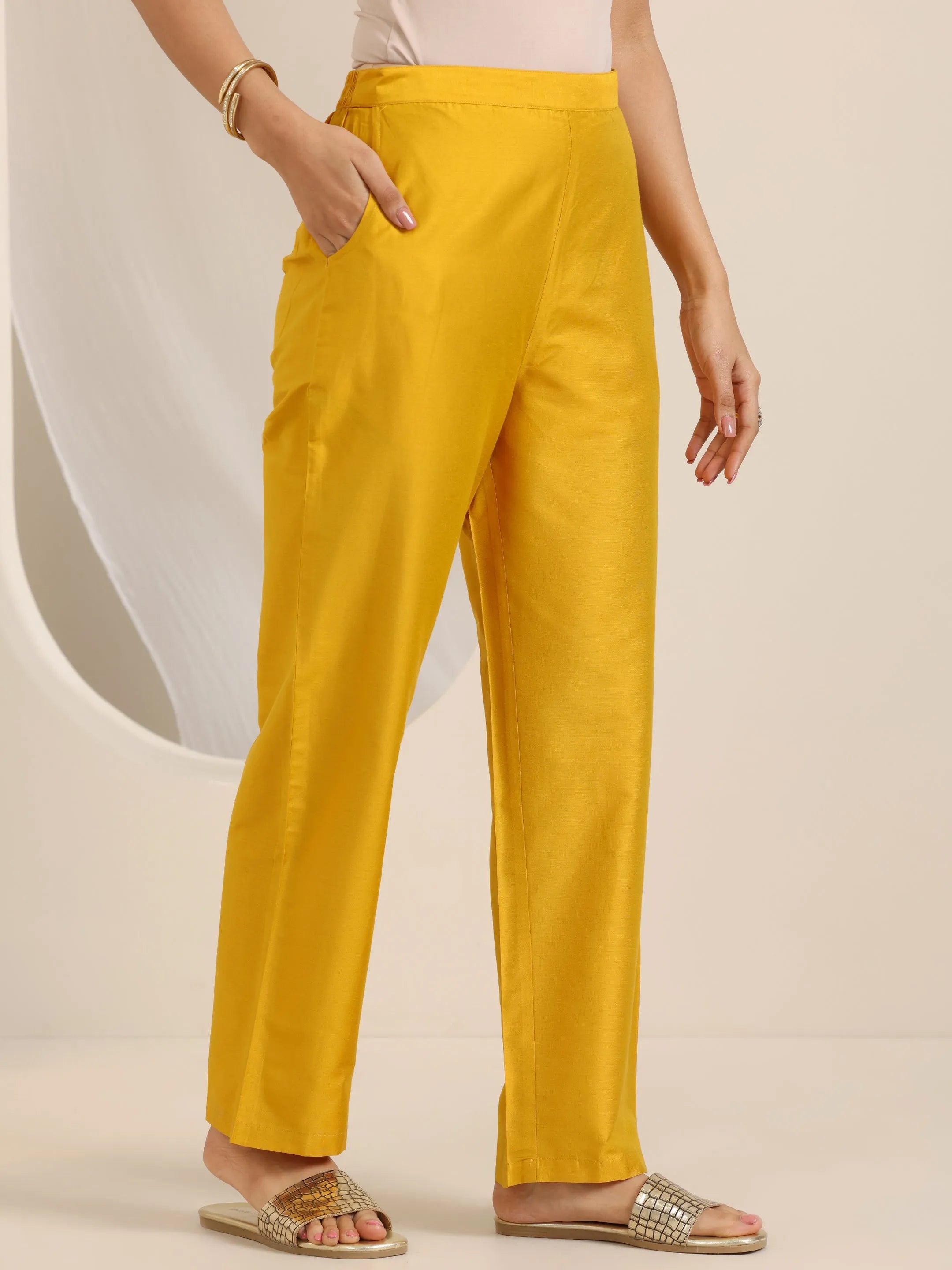 Mustard Embroidered Silk Blend Straight Suit Set With Dupatta