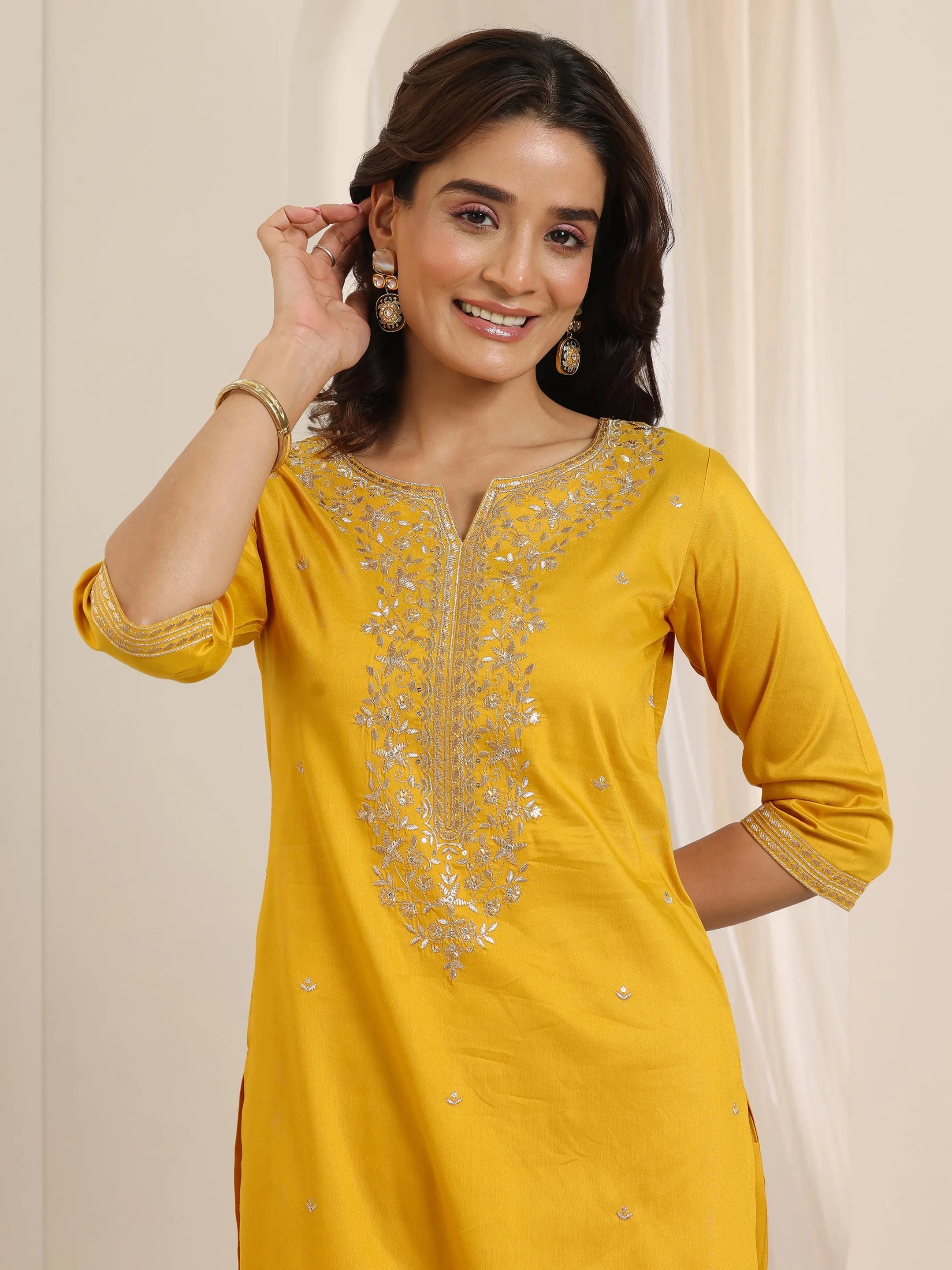 Mustard Embroidered Silk Blend Straight Suit Set With Dupatta
