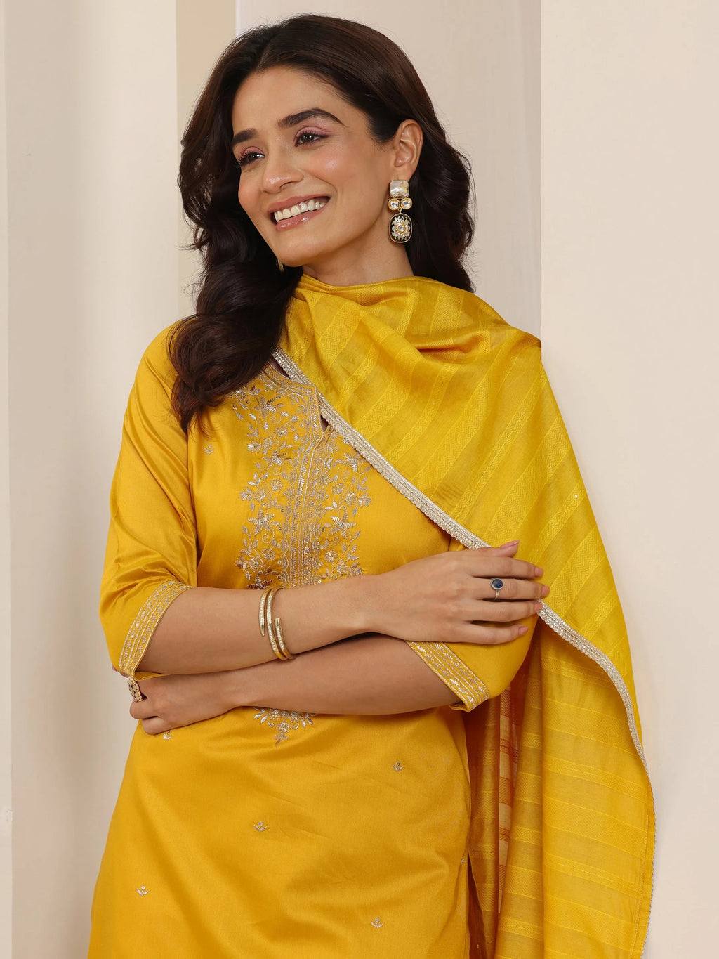 Mustard Embroidered Silk Blend Straight Suit Set With Dupatta