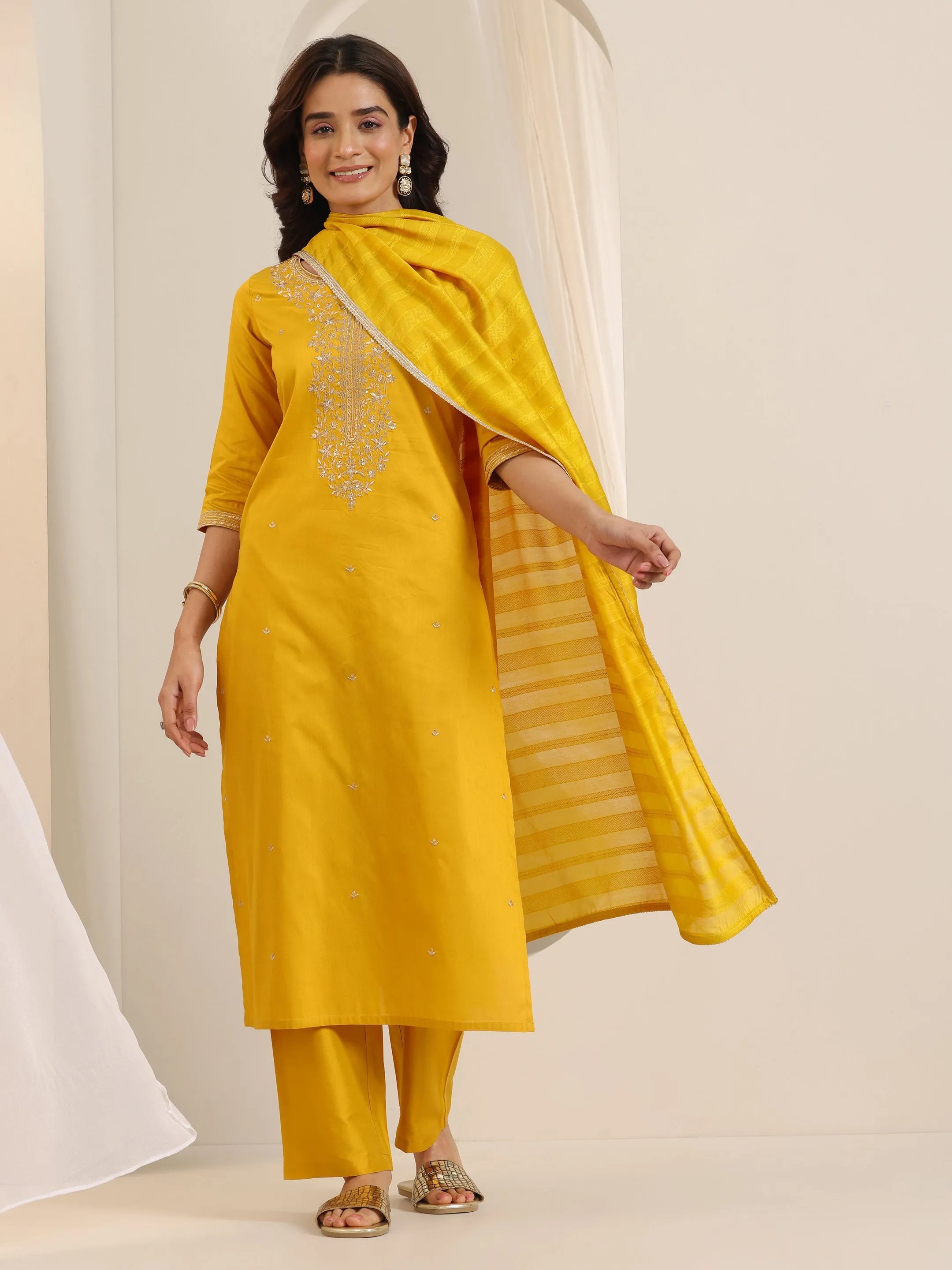 Mustard Embroidered Silk Blend Straight Suit Set With Dupatta