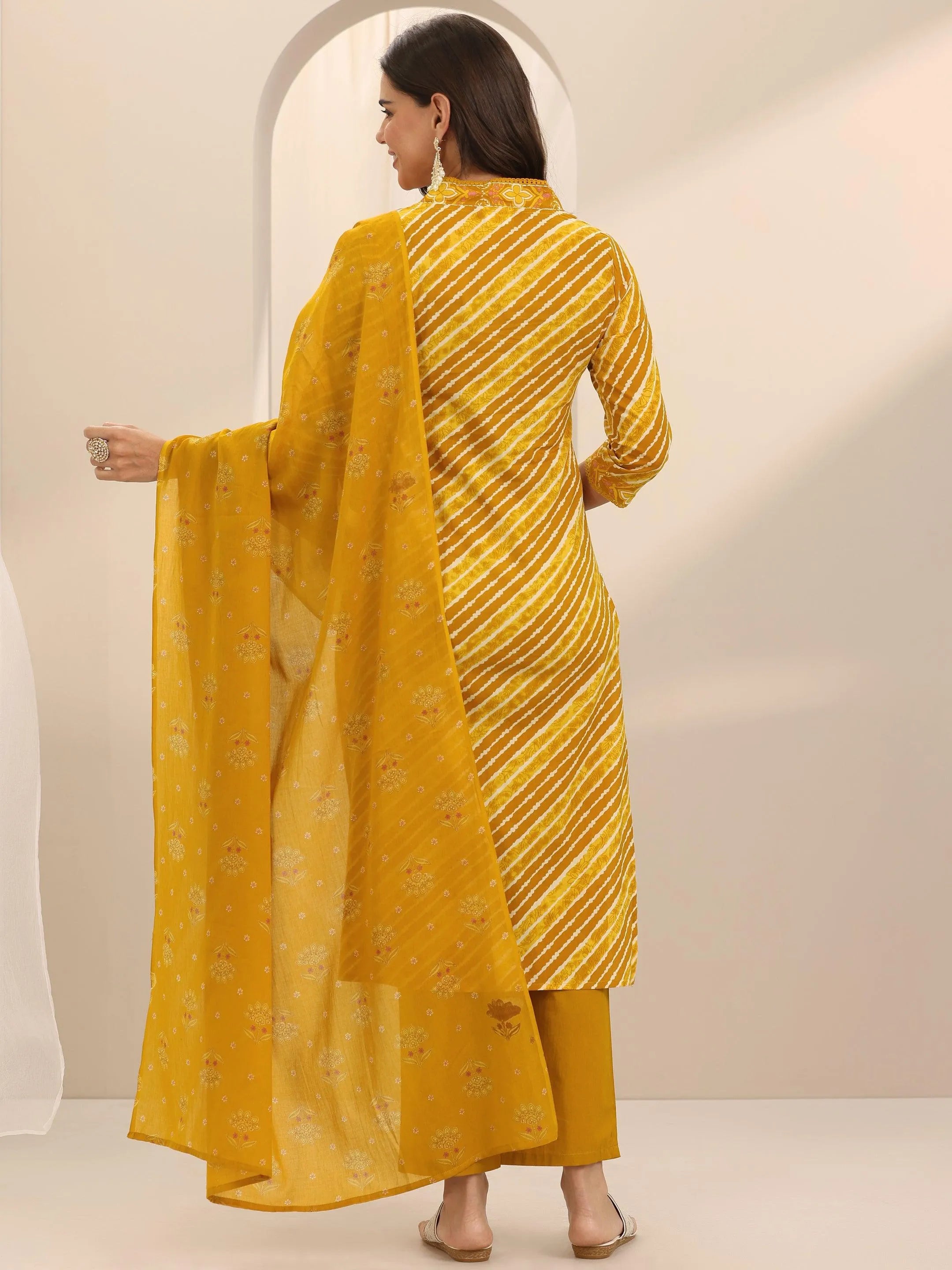 Mustard Printed Cotton Straight Suit Set With Dupatta