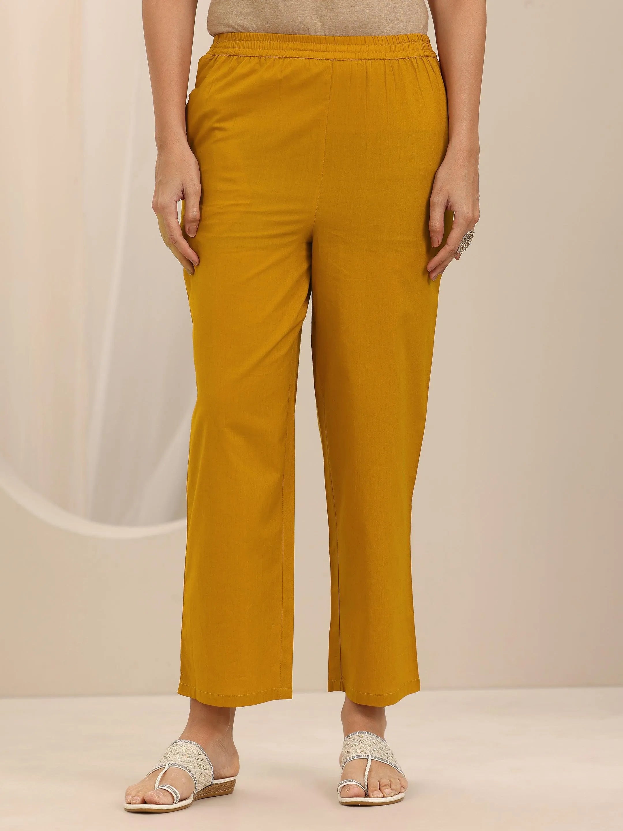 Mustard Printed Cotton Straight Suit Set With Dupatta