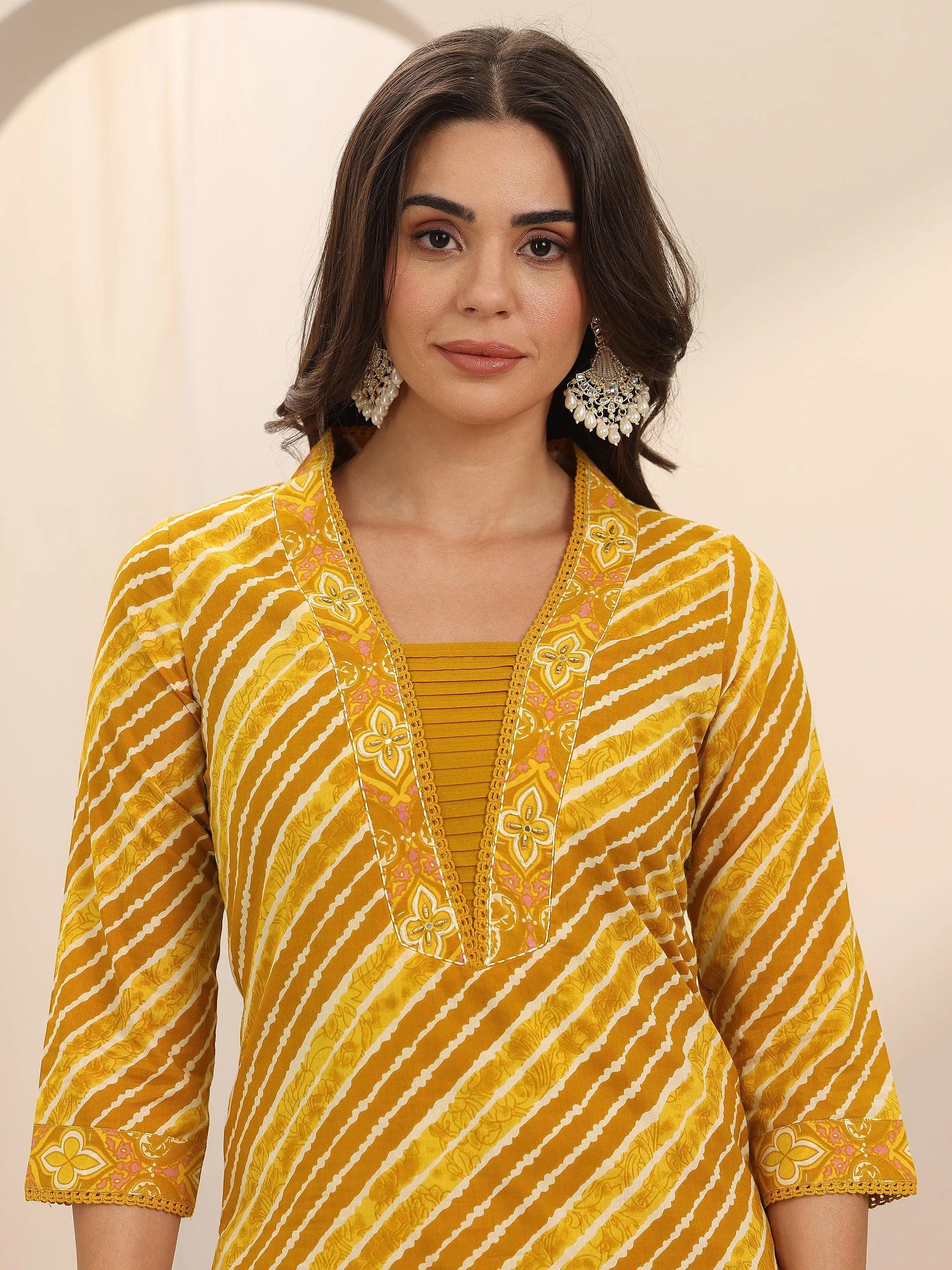 Mustard Printed Cotton Straight Suit Set With Dupatta