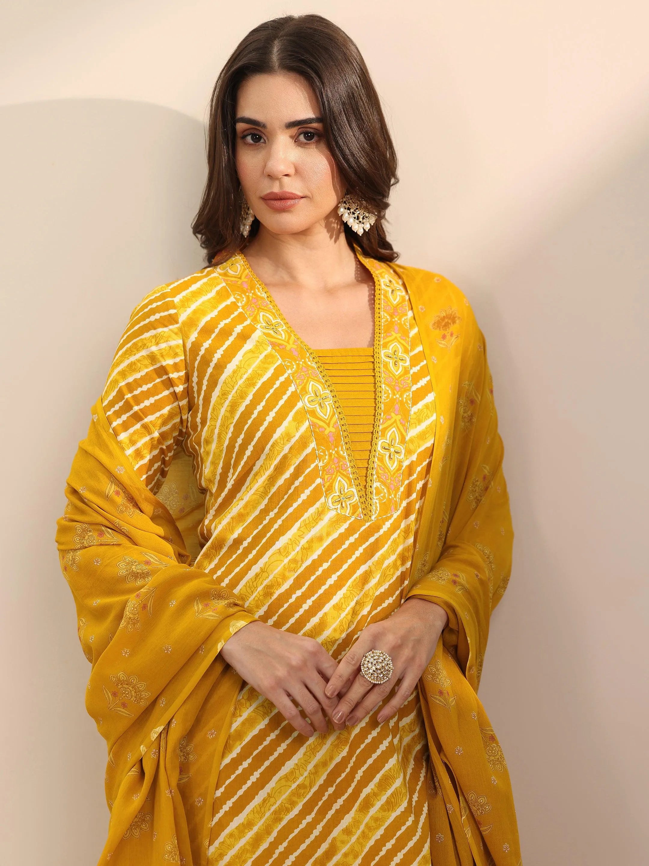 Mustard Printed Cotton Straight Suit Set With Dupatta