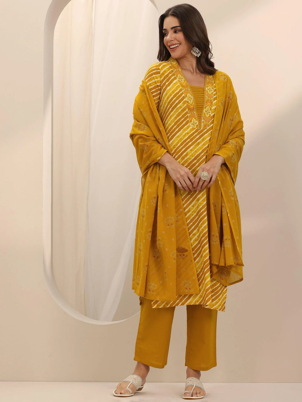 Mustard Printed Cotton Straight Suit Set With Dupatta